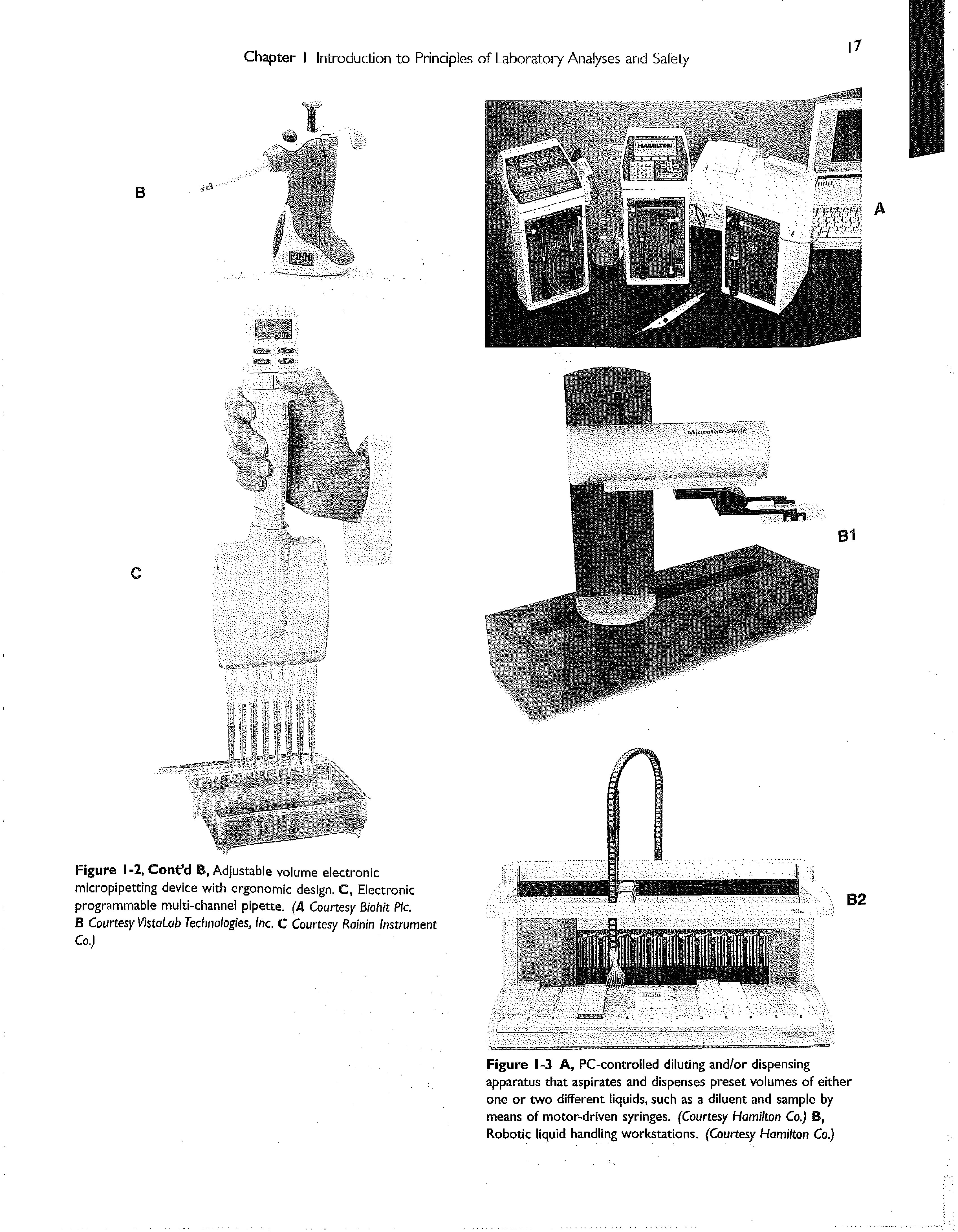 Figure 1-3 A, PC-controlled diluting and/or dispensing apparatus that aspirates and dispenses preset volumes of either one or two different liquids, such as a diluent and sample by means of motor-driven syringes. (Courtesy Hamilton Co.) B, Robotic liquid handling worlcstations. (Courtesy Hamilton Co.)...