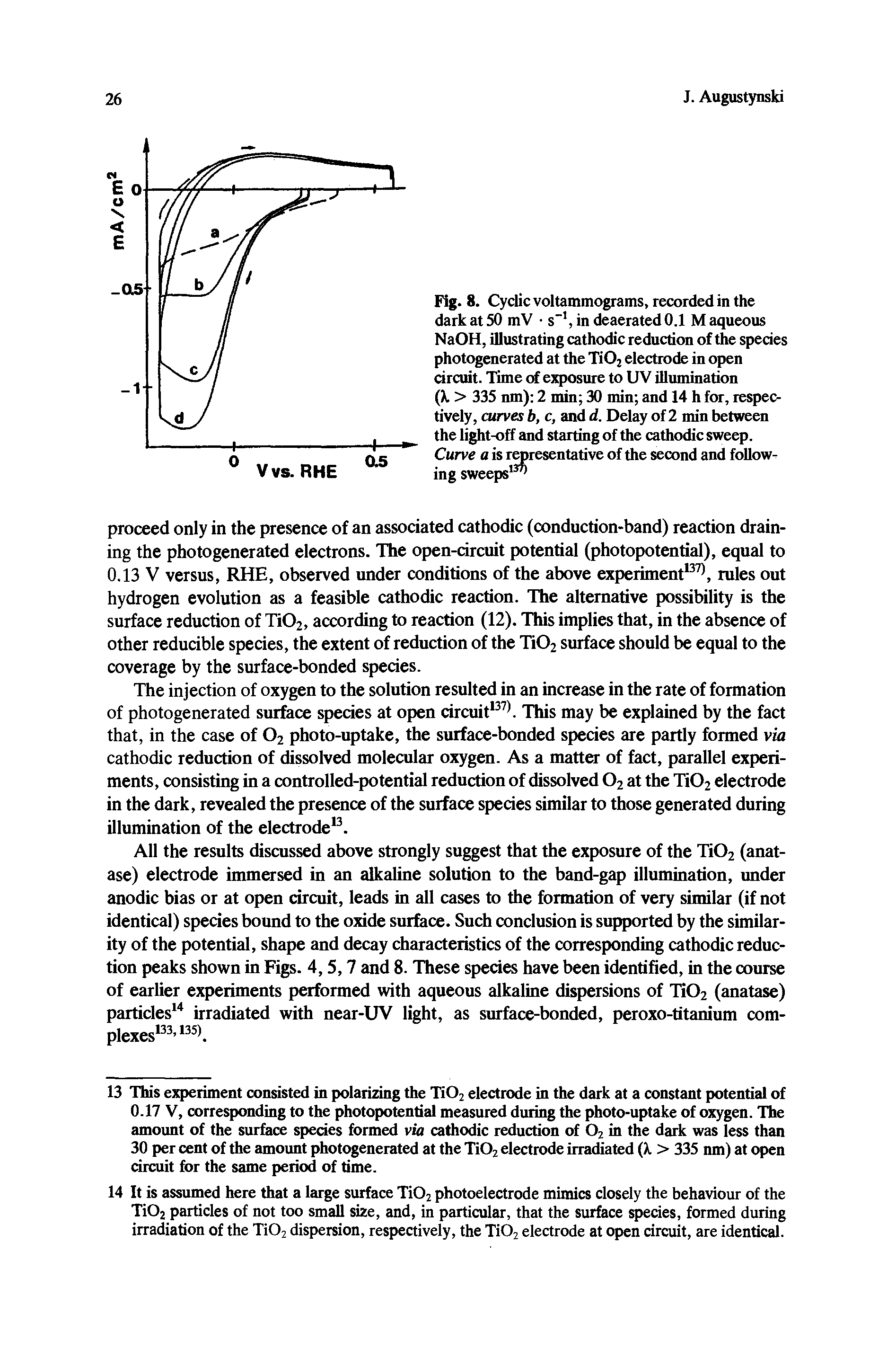 Fig. 8. Cyclic voltammograms, recorded in the dark at 50 mV s", in deaerated 0.1 M aqueous NaOH, illustrating cathodic reduction of the species photogenerated at the Ti02 electrode in open circuit. Time of exposure to UV illumination (X > 335 nm) 2 min 30 min and 14 h for, respectively, curves b, c, and d. Delay of 2 min between the light-off and starting of the cathodic sweep. Curve a is r resentative of the second and following sweeps ...