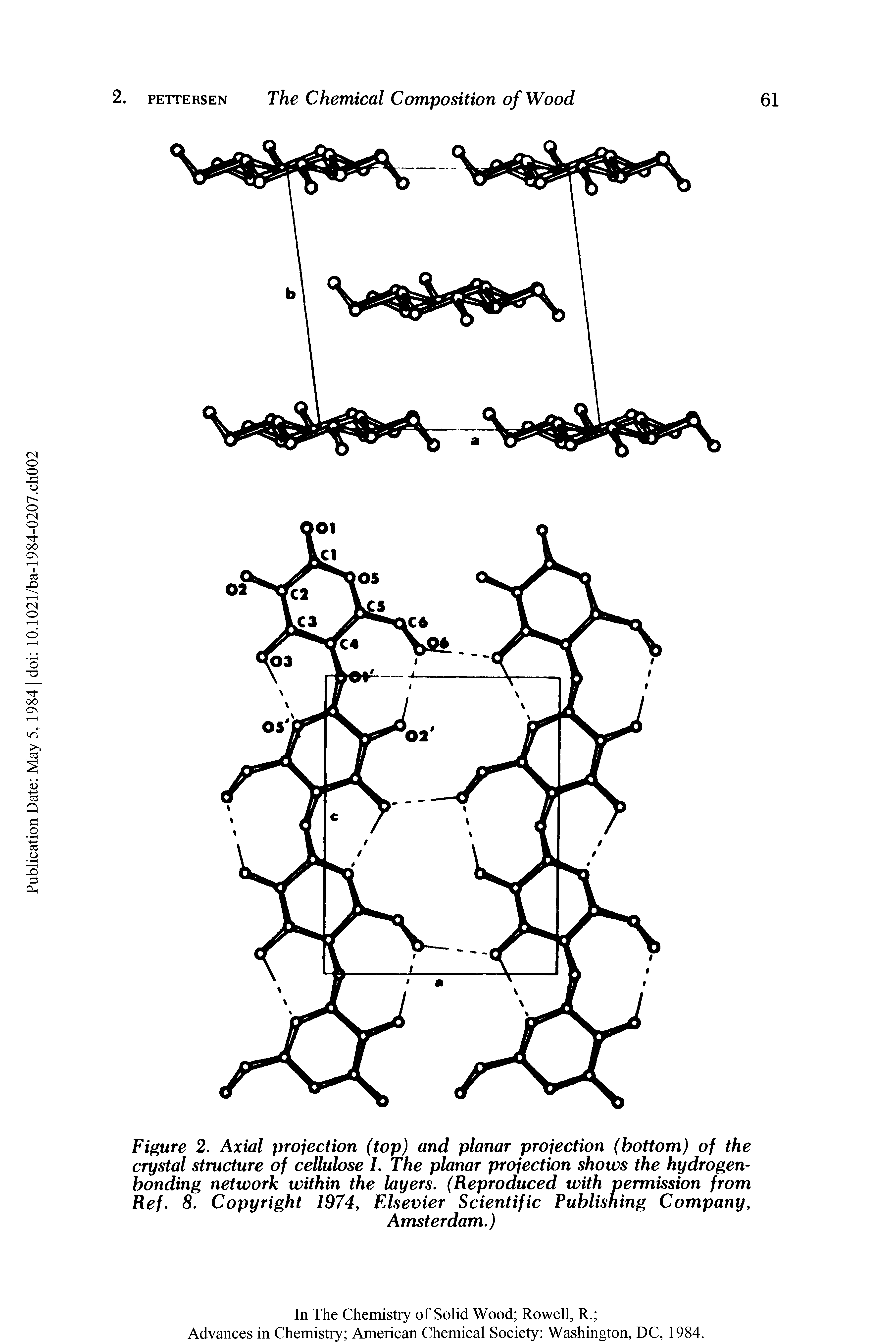 Figure 2. Axial projection (top) and planar projection (bottom) of the crystal structure of cellulose I. The planar projection shows the hydrogen-bonding network within the layers. (Reproduced with permission from Ref. 8. Copyright 1974, Elsevier Scientific Publishing Company,...