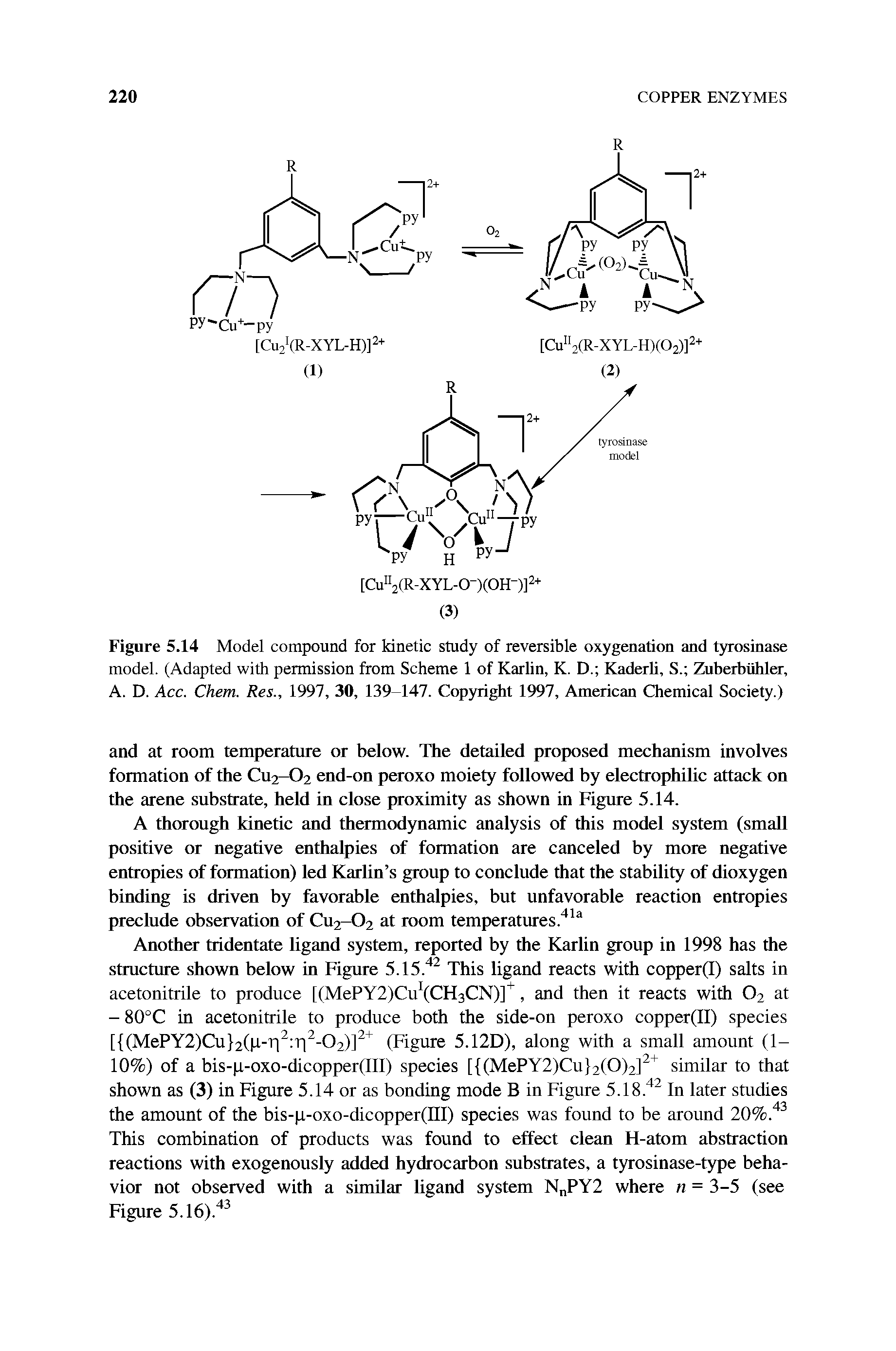 Figure 5.14 Model compound for kinetic study of reversible oxygenation and tyrosinase model. (Adapted with permission from Scheme 1 of Karlin, K. D. Kaderli, S. Zuberbuhler, A. D. Acc. Chem. Res., 1997, 30, 139-147. Copyright 1997, American Chemical Society.)...