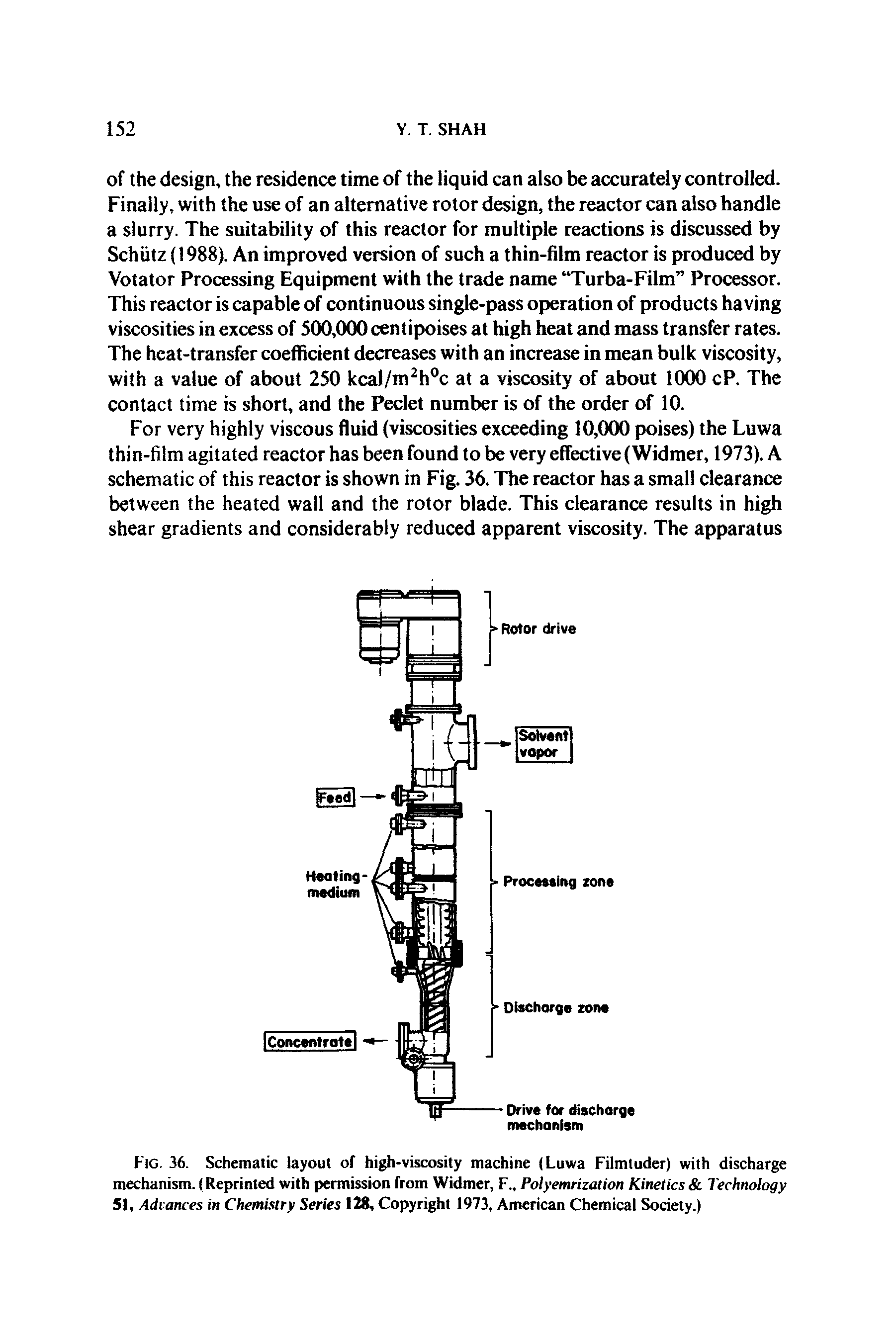 Fig. 36. Schematic layout of high-viscosity machine (Luwa Filmtuder) with discharge mechanism. (Reprinted with permission from Widmer, F Polyemrization Kinetics Technology 51, Advances in Chemistry Series 128, Copyright 1973, American Chemical Society.)...