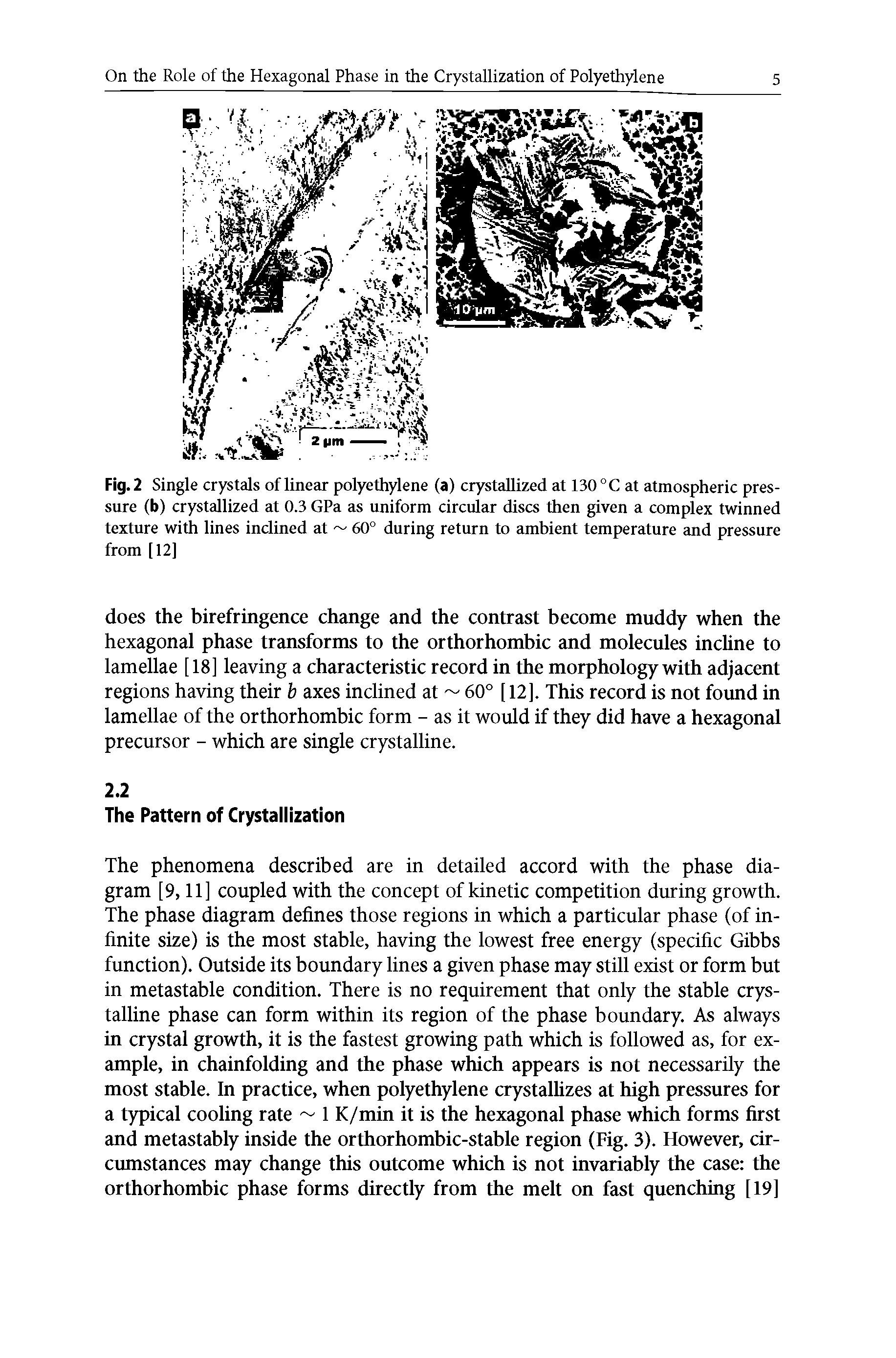 Fig. 2 Single crystals of linear polyethylene (a) crystallized at 130 °C at atmospheric pressure (b) crystallized at 0.3 GPa as uniform circular discs then given a complex twinned texture with lines inclined at 60° during return to ambient temperature and pressure from [12]...