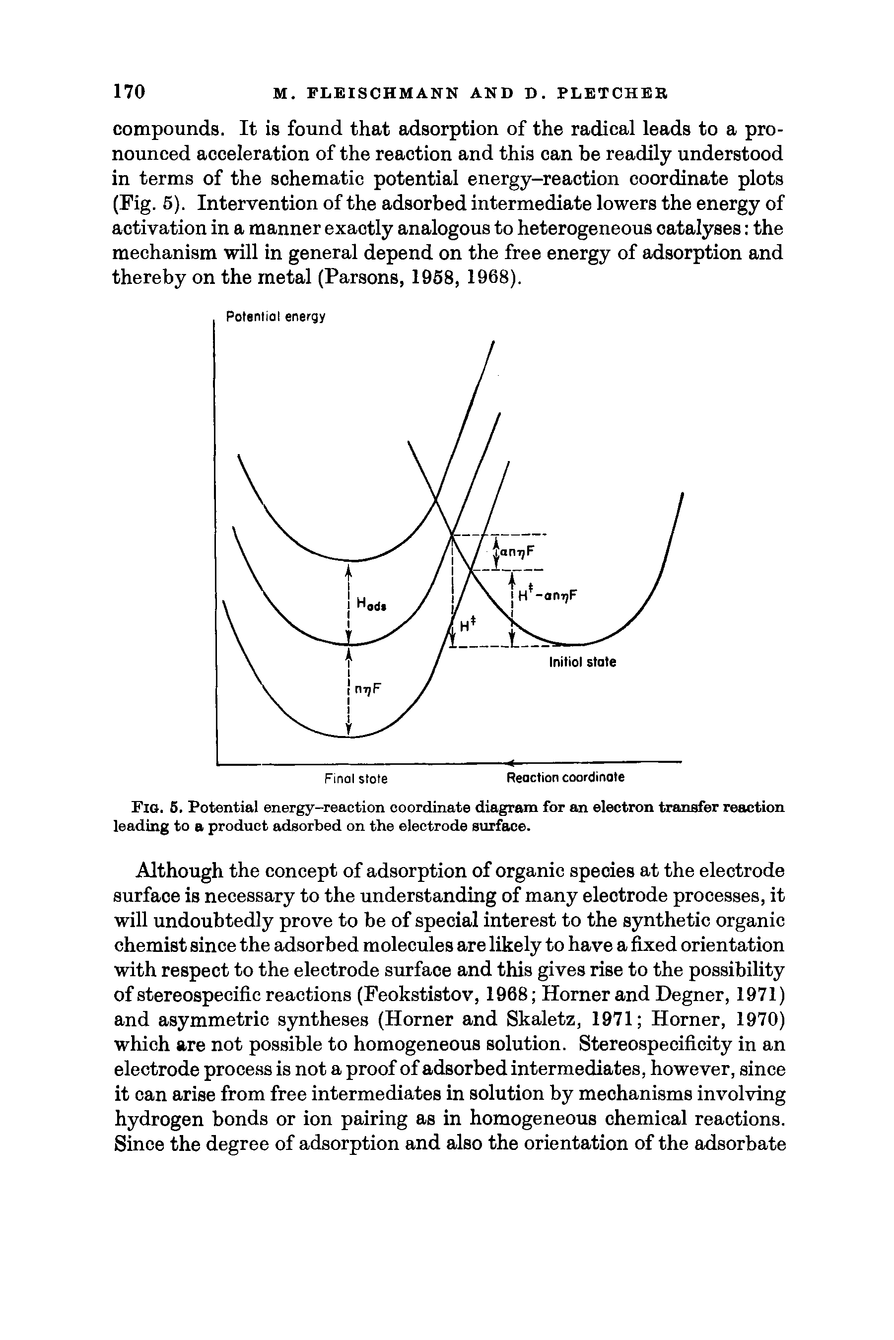 Fig. 5. Potential energy-reaction coordinate diagram for an electron transfer reaction leading to a product adsorbed on the electrode surface.