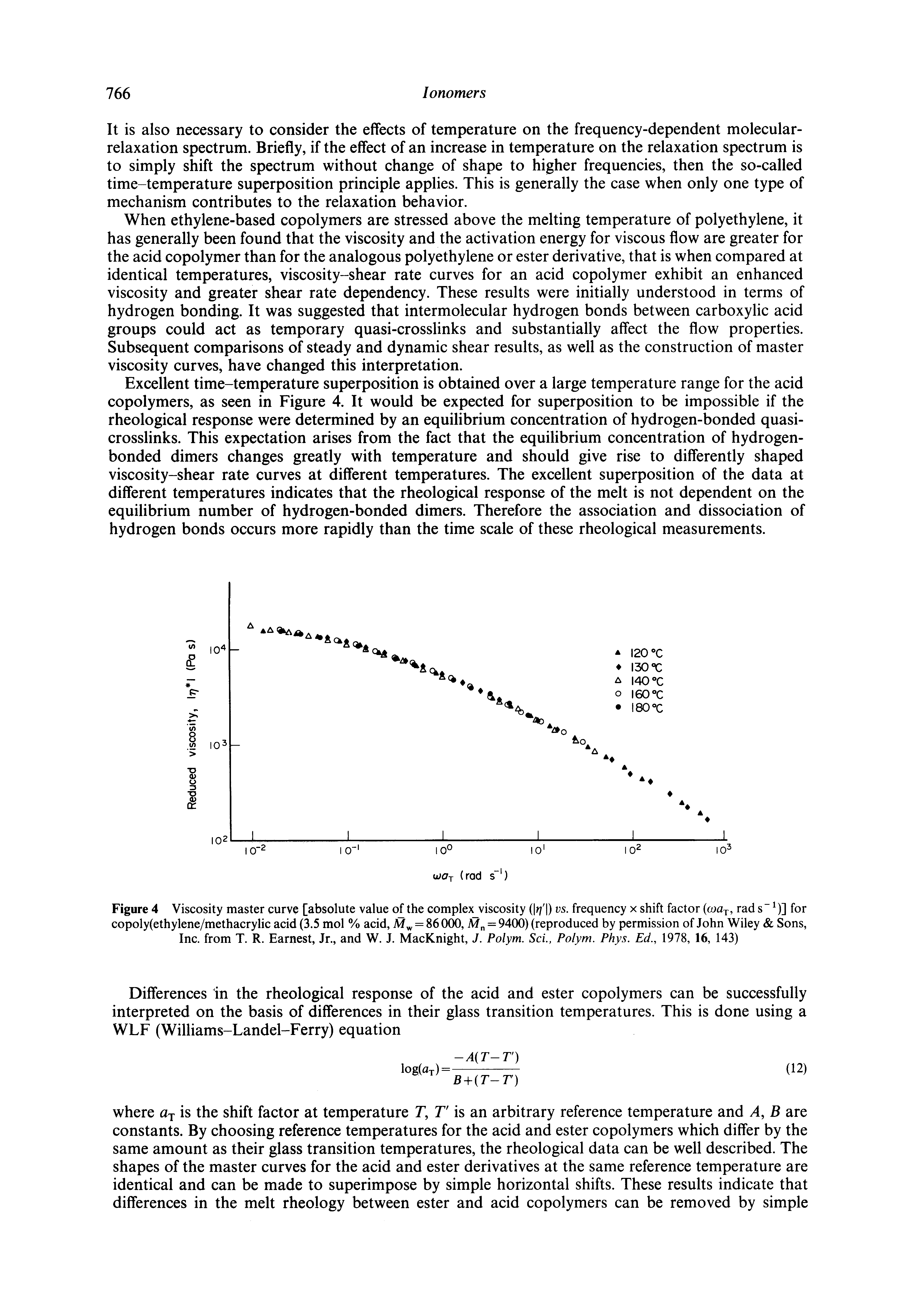 Figure 4 Viscosity master curve [absolute value of the complex viscosity ( ri ) vs. frequency x shift factor (oa, rad s" )] for copoly(ethylene/methacrylic acid (3.5 mol % acid, = 86 000, A = 9400) (reproduced by permission of John Wiley Sons, Inc. from T. R. Earnest, Jr., and W. J. MacKnight, J. Polym. ScL, Polym. Phys. Ed., 1978, 16, 143)...