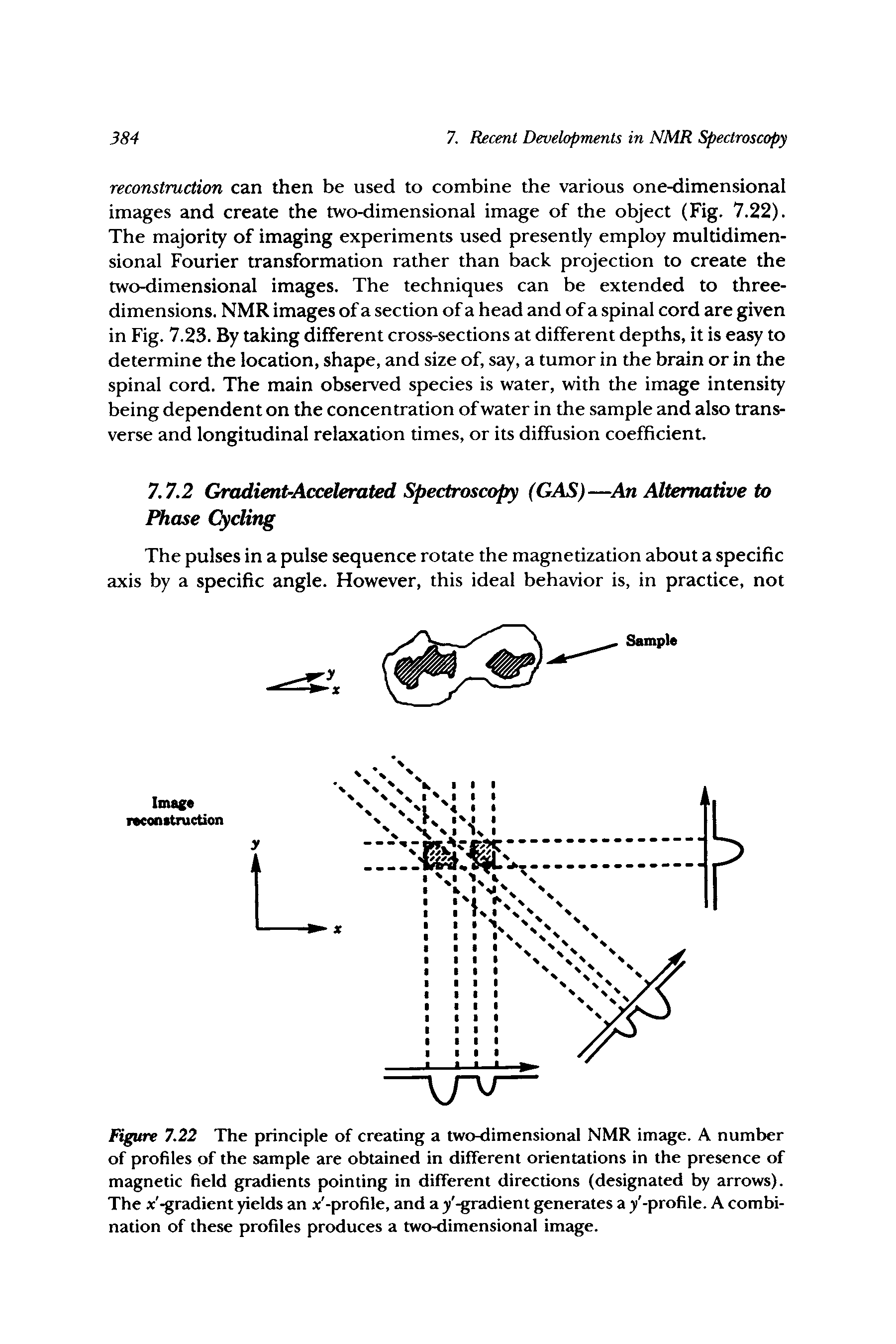 Figure 7.22 The principle of creating a two-dimensional NMR image. A number of profiles of the sample are obtained in different orientations in the presence of magnetic field gradients pointing in different directions (designated by arrows). The x -gradient yields an x -profile, and a /gradient generates a y -profile. A combination of these profiles produces a two-dimensional image.