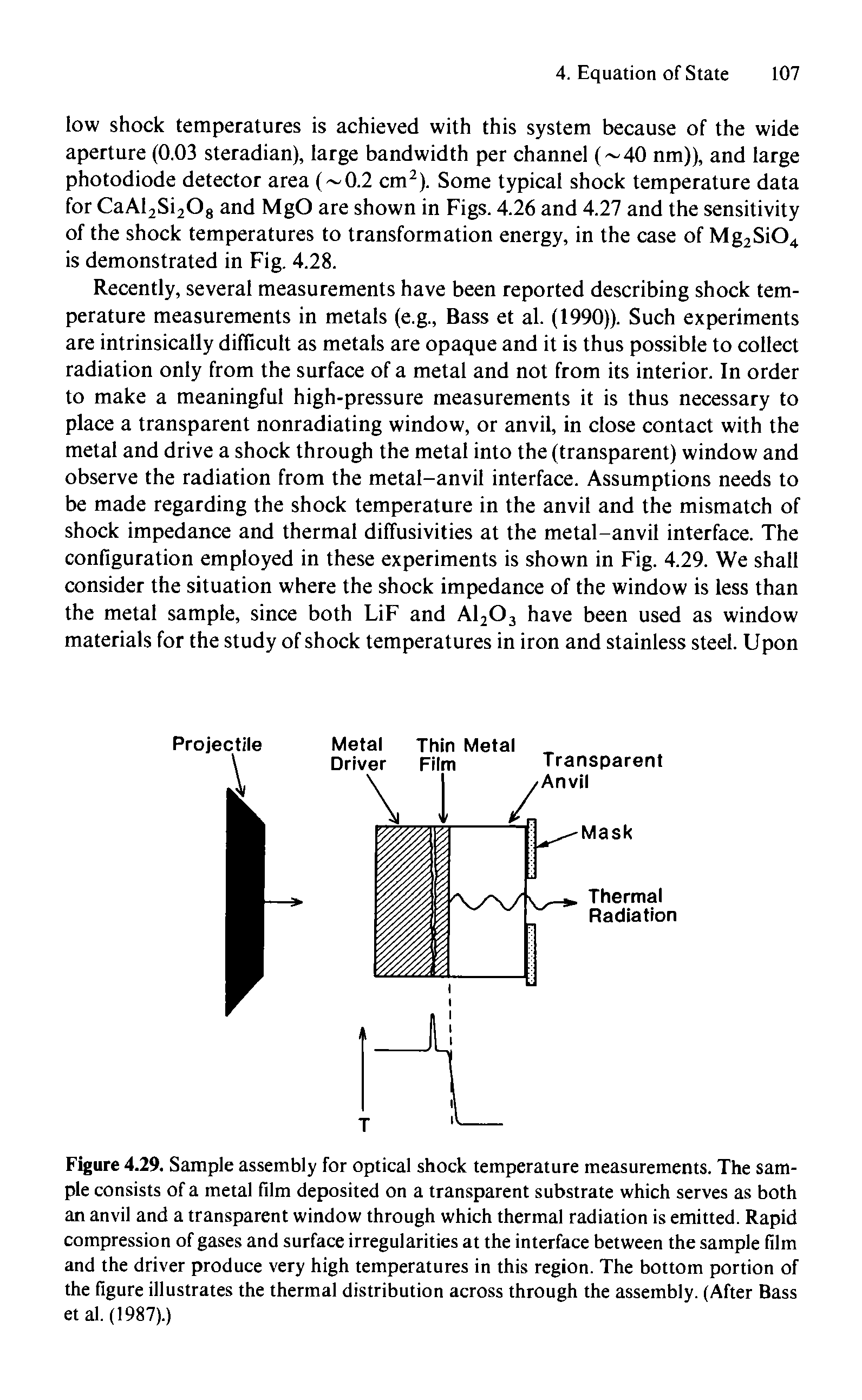 Figure 4.29. Sample assembly for optical shock temperature measurements. The sample consists of a metal film deposited on a transparent substrate which serves as both an anvil and a transparent window through which thermal radiation is emitted. Rapid compression of gases and surface irregularities at the interface between the sample film and the driver produce very high temperatures in this region. The bottom portion of the figure illustrates the thermal distribution across through the assembly. (After Bass et al. (1987).)...