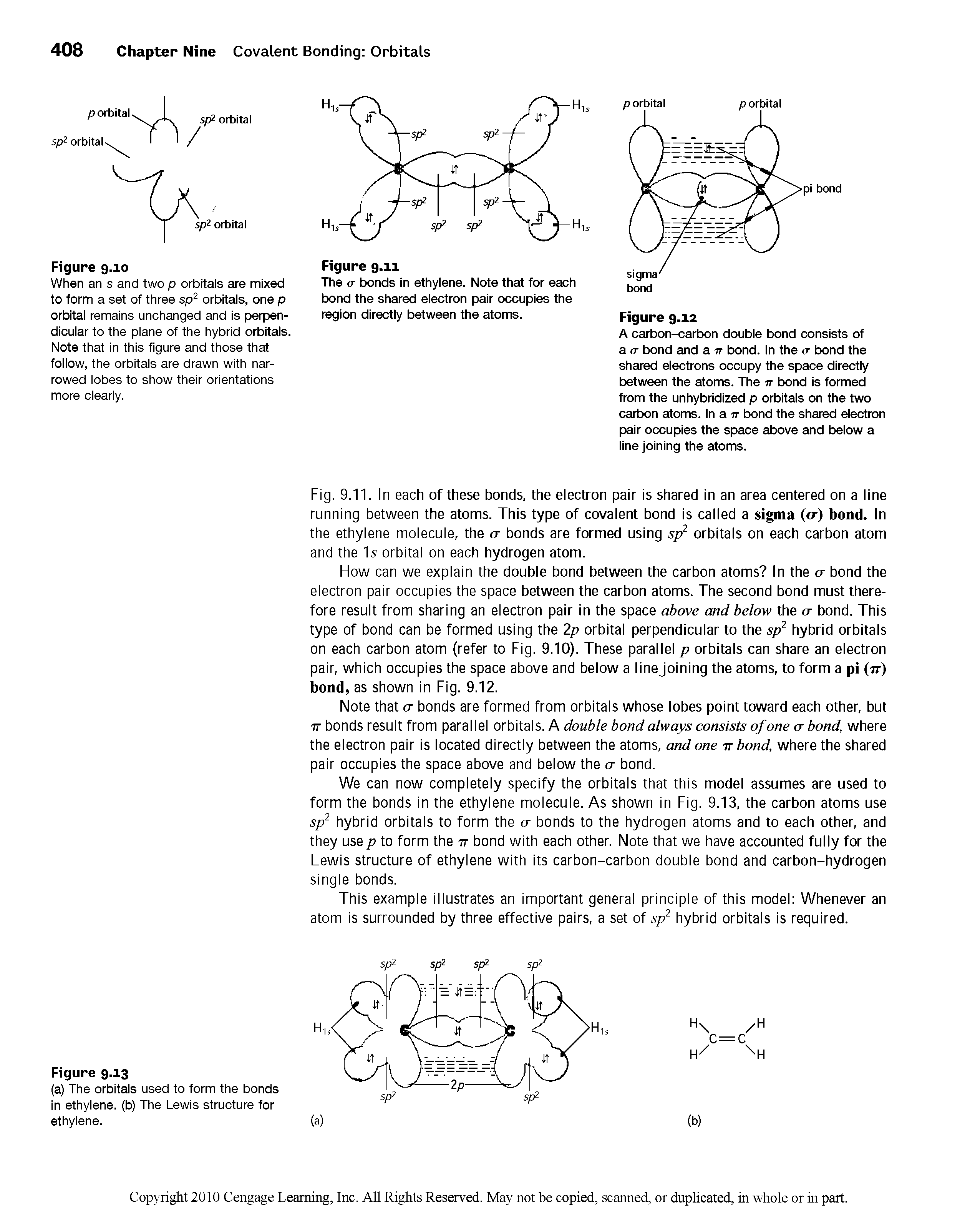 Fig. 9.11. In each of these bonds, the electron pair is shared in an area centered on a line running between the atoms. This type of covalent bond is called a sigma (o ) bond. In the ethylene molecule, the cr bonds are formed using sp orbitals on each carbon atom and the I5 orbital on each hydrogen atom.