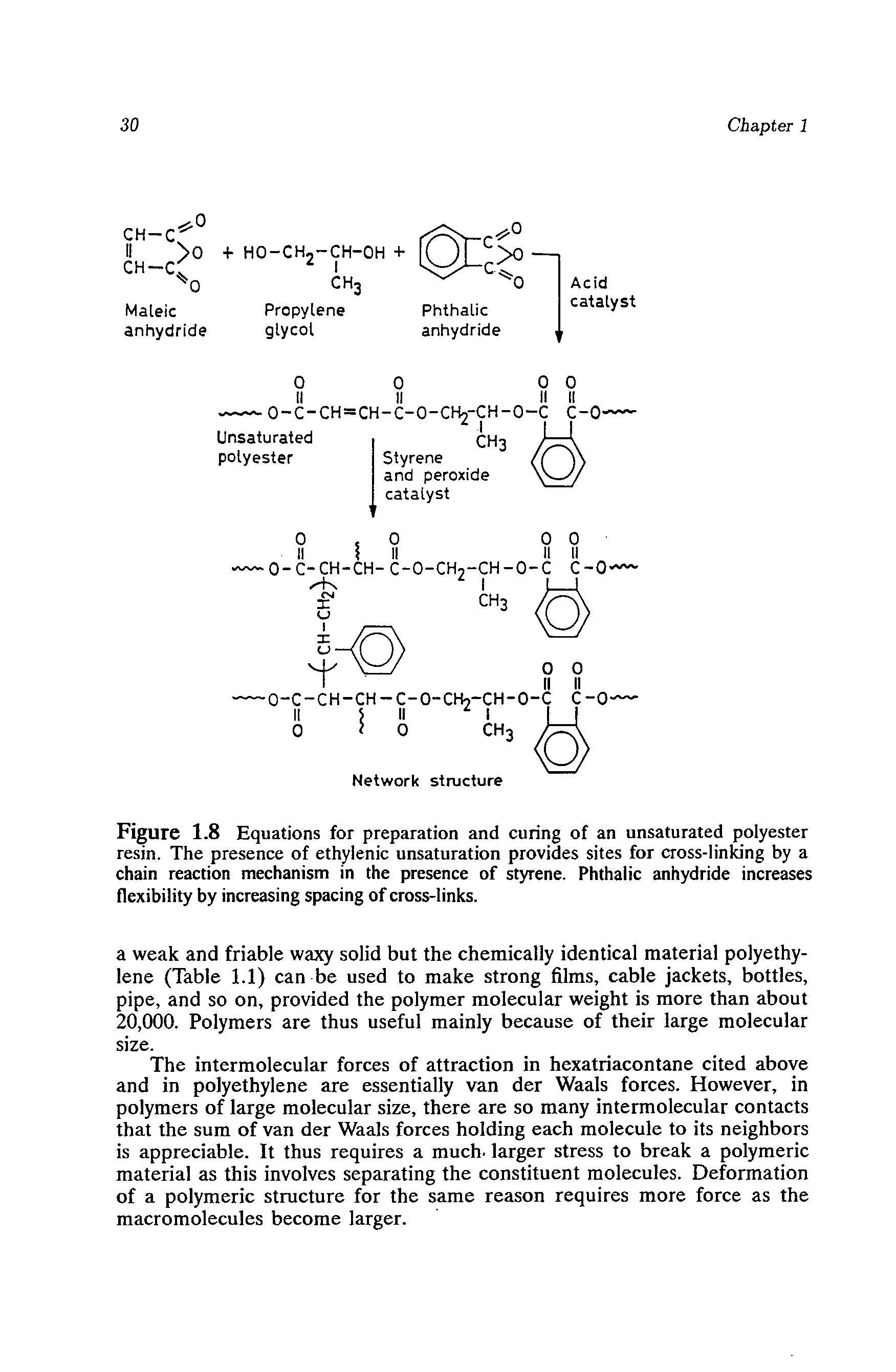 Figure 1.8 Equations for preparation and curing of an unsaturated polyester resin. The presence of ethylenic unsaturation provides sites for cross-linlang by a chain reaction mechanism in the presence of styrene. Phthalic anhydride increases flexibility by increasing spacing of cross-links.