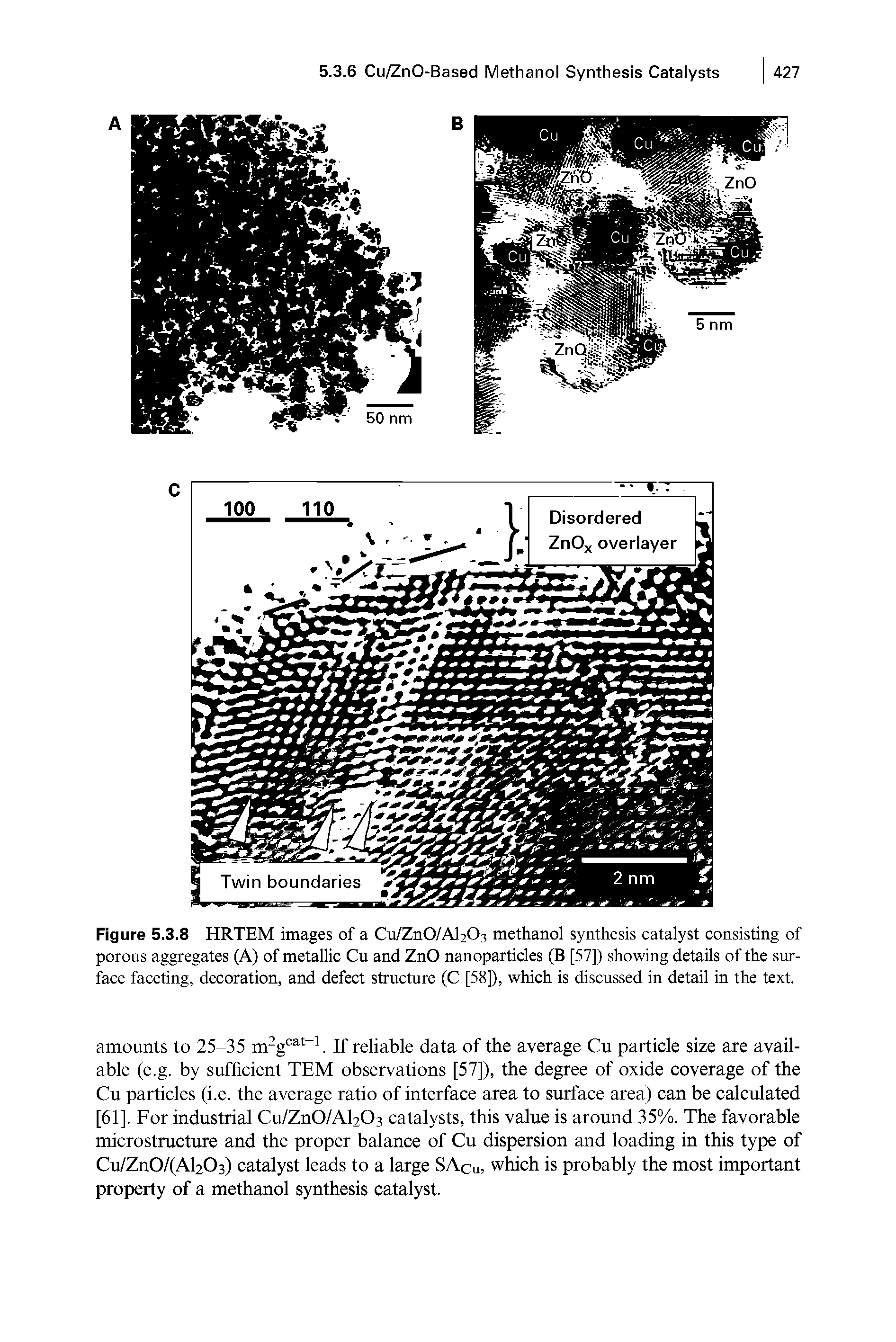 Figure 5.3.8 HRTEM images of a C11/Z11O/AI2O3 methanol synthesis catalyst consisting of porous aggregates (A) of metallic Cu and ZnO nanoparticles (B [57]) showing details of the surface faceting, decoration, and defect structure (C [58]), which is discussed in detail in the text.
