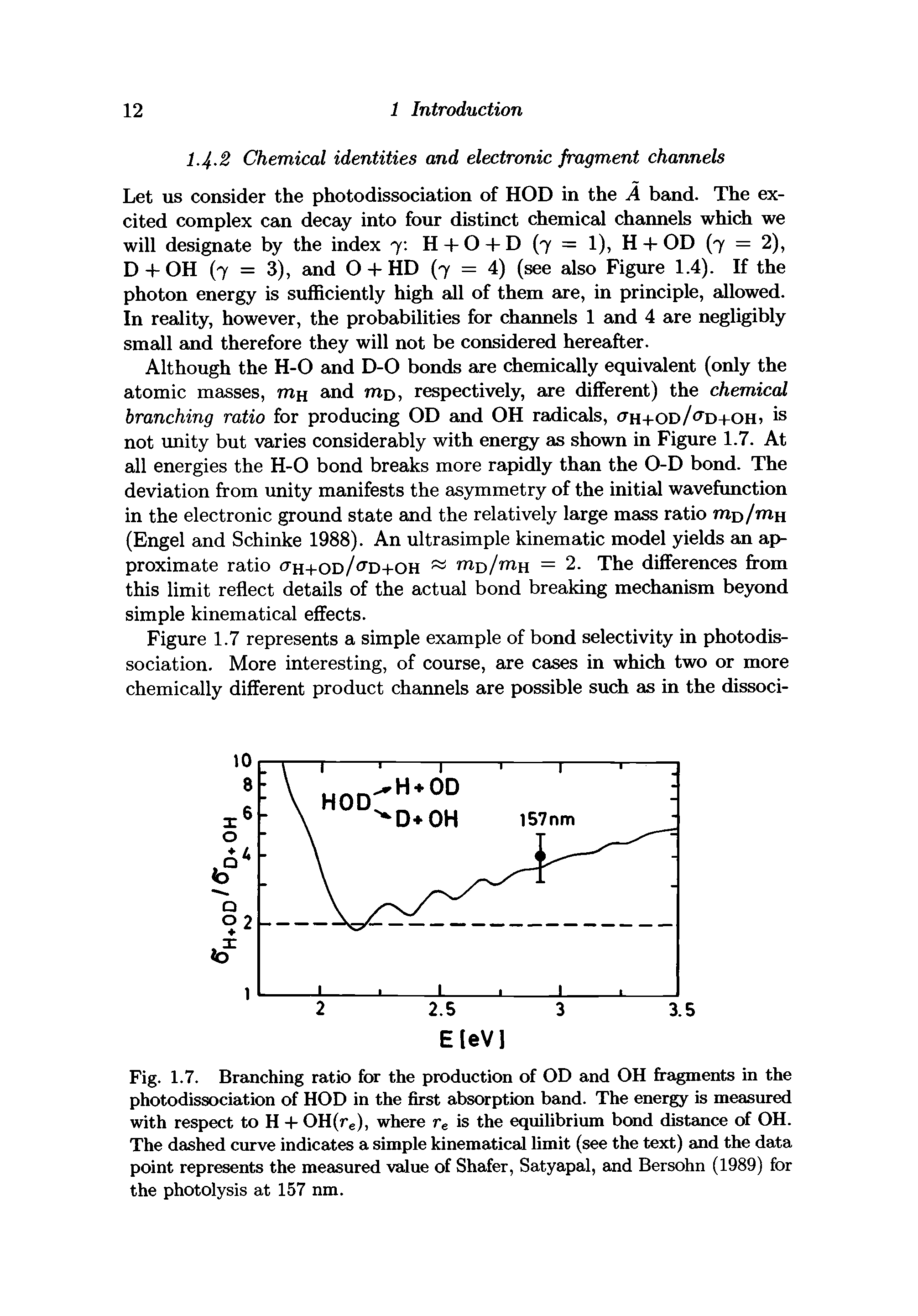 Fig. 1.7. Branching ratio for the production of OD and OH fragments in the photodissociation of HOD in the first absorption band. The energy is measured with respect to H -I- OH(re), where re is the equilibrium bond distance of OH. The dashed curve indicates a simple kinematical limit (see the text) and the data point represents the measured value of Shafer, Satyapal, and Bersohn (1989) for the photolysis at 157 nm.