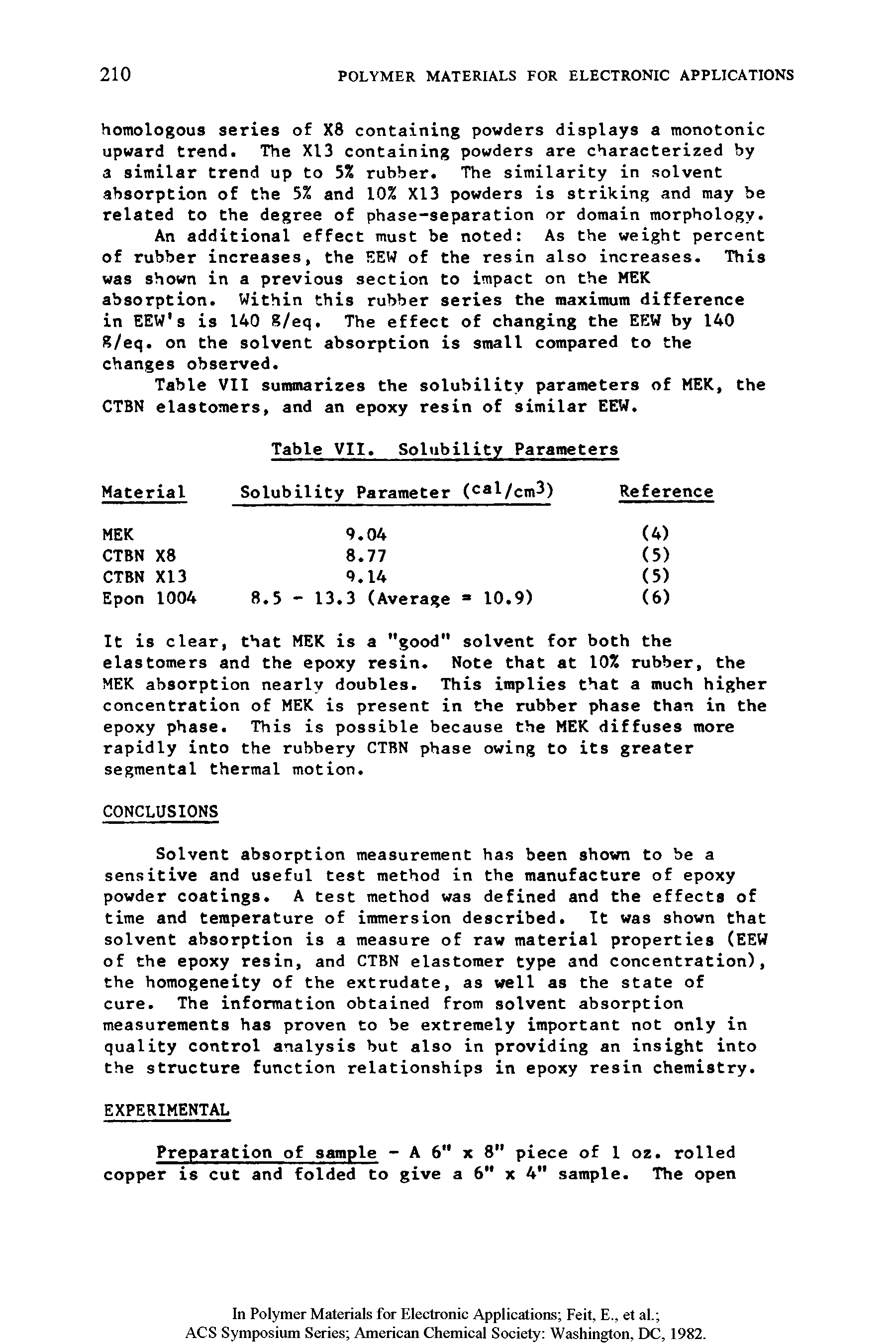 Table VII summarizes the solubility parameters of MEK, the CTBN elastomers, and an epoxy resin of similar EEW.