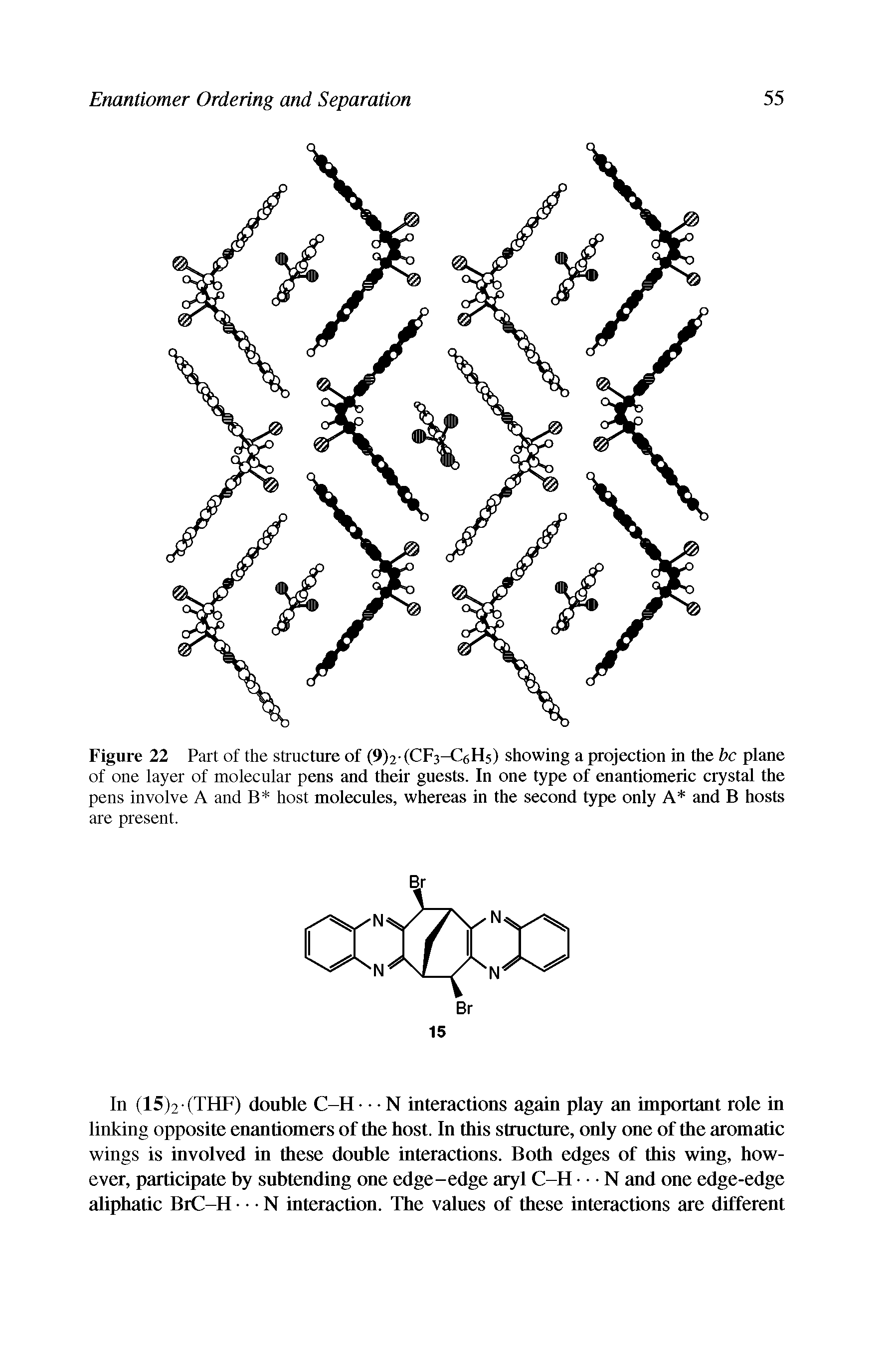 Figure 22 Part of the structure of (9)2-(CF3-CeH5) showing a projection in the be plane of one layer of molecular pens and their guests. In one type of enantiomeric crystal the pens involve A and B host molecules, whereas in the second type only A and B hosts are present.