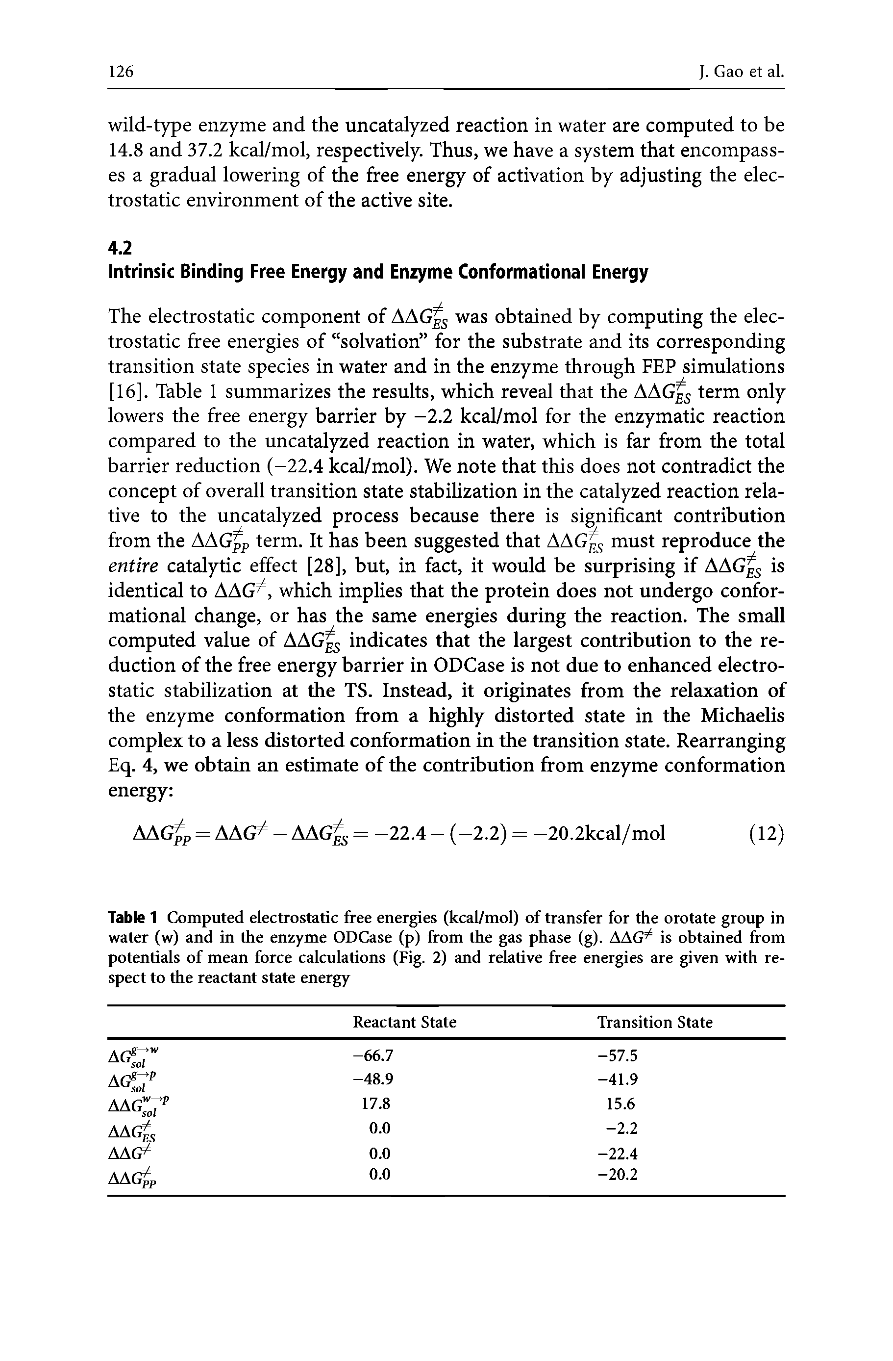 Table 1 Computed electrostatic free energies (kcal/mol) of transfer for the orotate group in water (w) and in the enzyme ODCase (p) from the gas phase (g). AAG is obtained from potentials of mean force calculations (Fig. 2) and relative free energies are given with respect to the reactant state energy...
