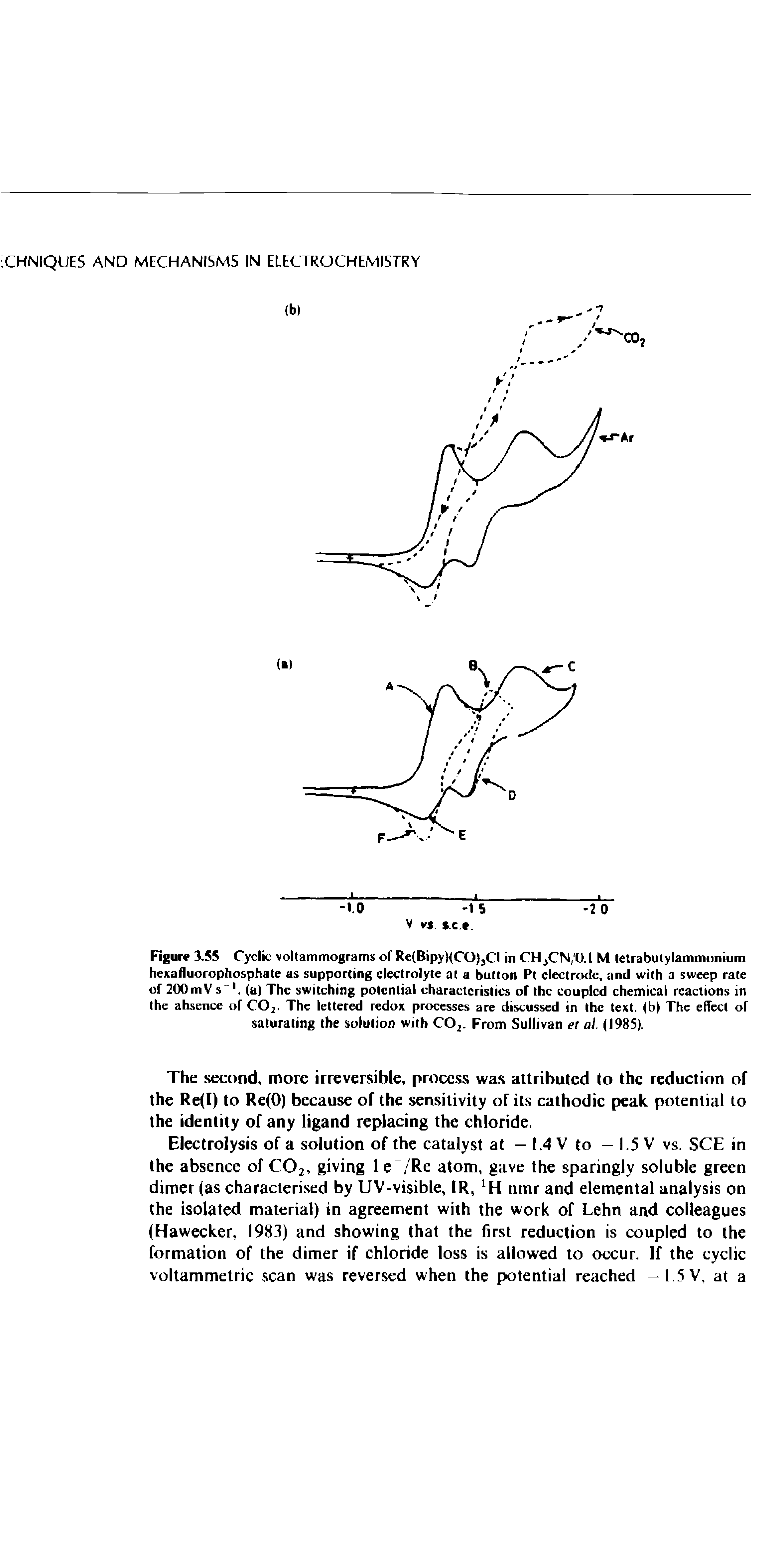 Figure 3,55 Cyclic vollammograms of Re(Bipy)(CO)3CI in CH3CN/0.l M letrabutylammonium hexafluorophosphate as supporting electrolyte at a button Pt electrode, and with a sweep rate of 200 mV s (a) The switching potential characteristics of the coupled chemical reactions in the ahsence of C02. The lettered redox processes are discussed in the text. (b> The effect of saturating the solution with C02. From Sullivan et al. (1985).