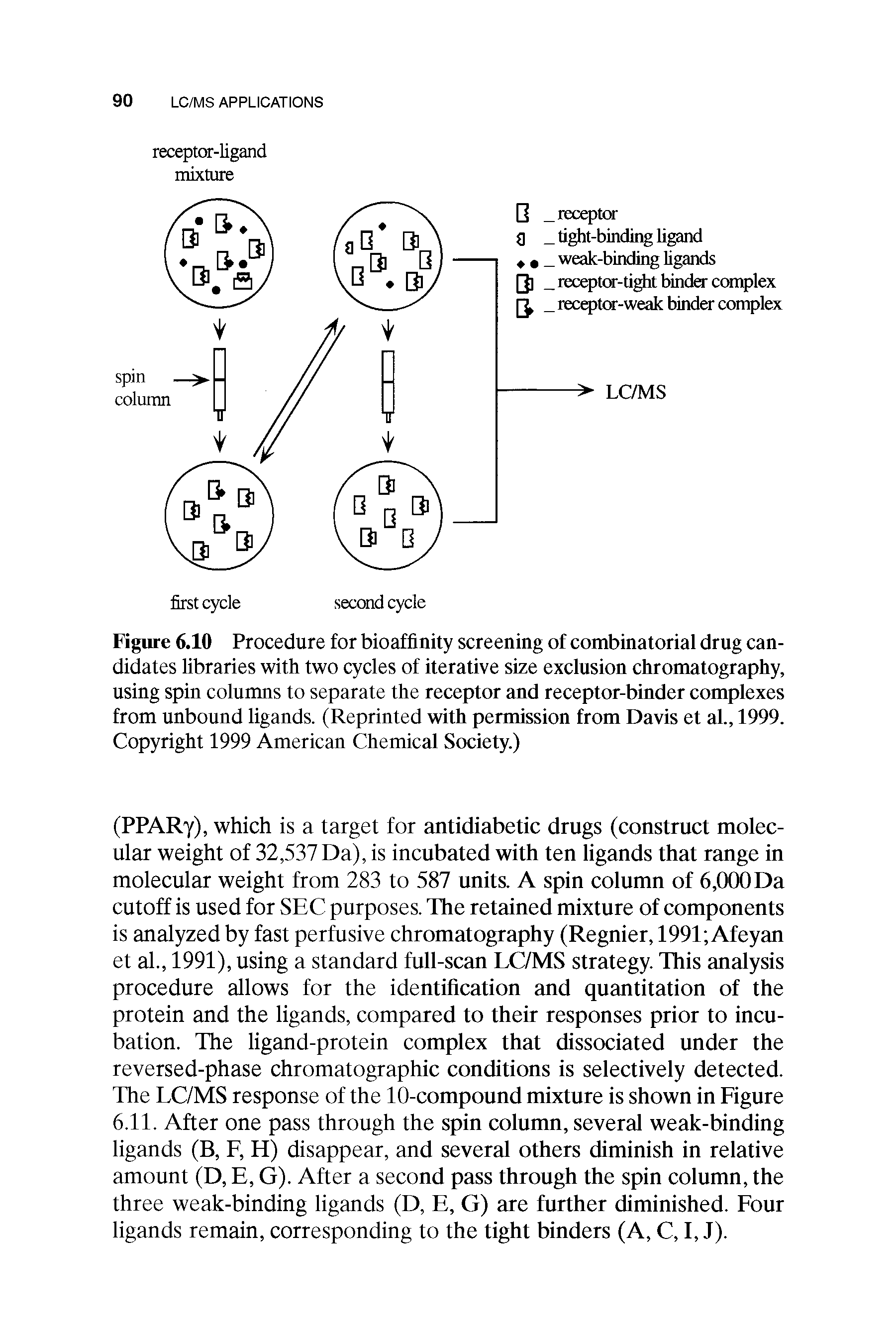 Figure 6.10 Procedure for bioaffinity screening of combinatorial drug candidates libraries with two cycles of iterative size exclusion chromatography, using spin columns to separate the receptor and receptor-binder complexes from unbound ligands. (Reprinted with permission from Davis et al., 1999. Copyright 1999 American Chemical Society.)...