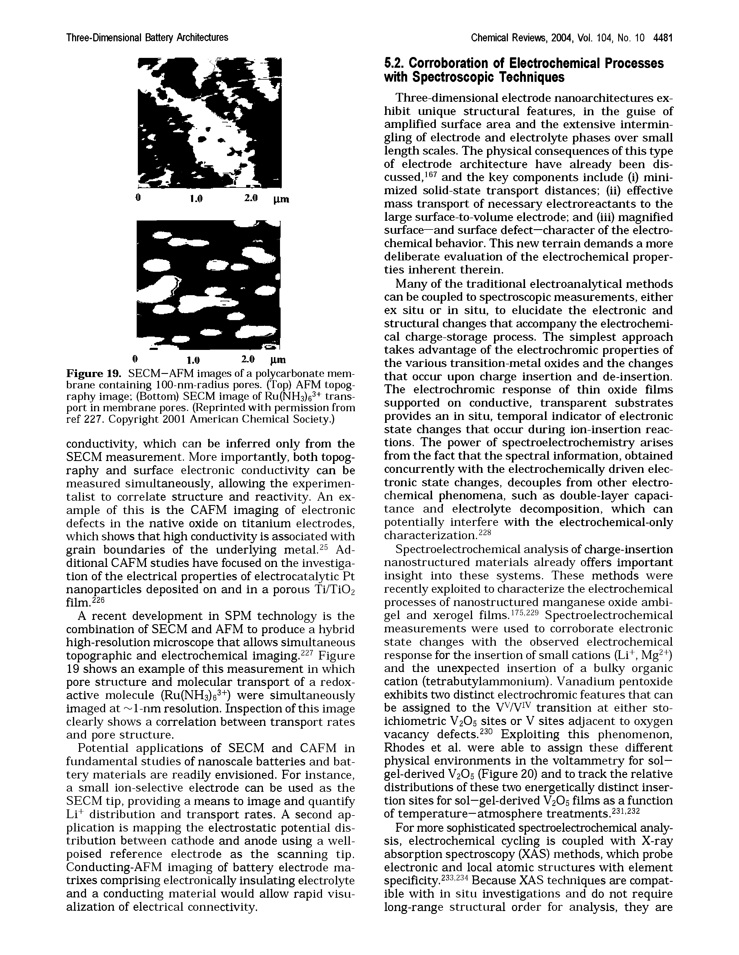 Figure 19. SECM—AFM images of a polycarbonate membrane containing 100-nm-radius pores. (Top) AFM topography image (Bottom) SECM image of Ru(NH3)6 transport in membrane pores. (Reprinted with permission from ref 227. Copyright 2001 American Chemical Society.)...