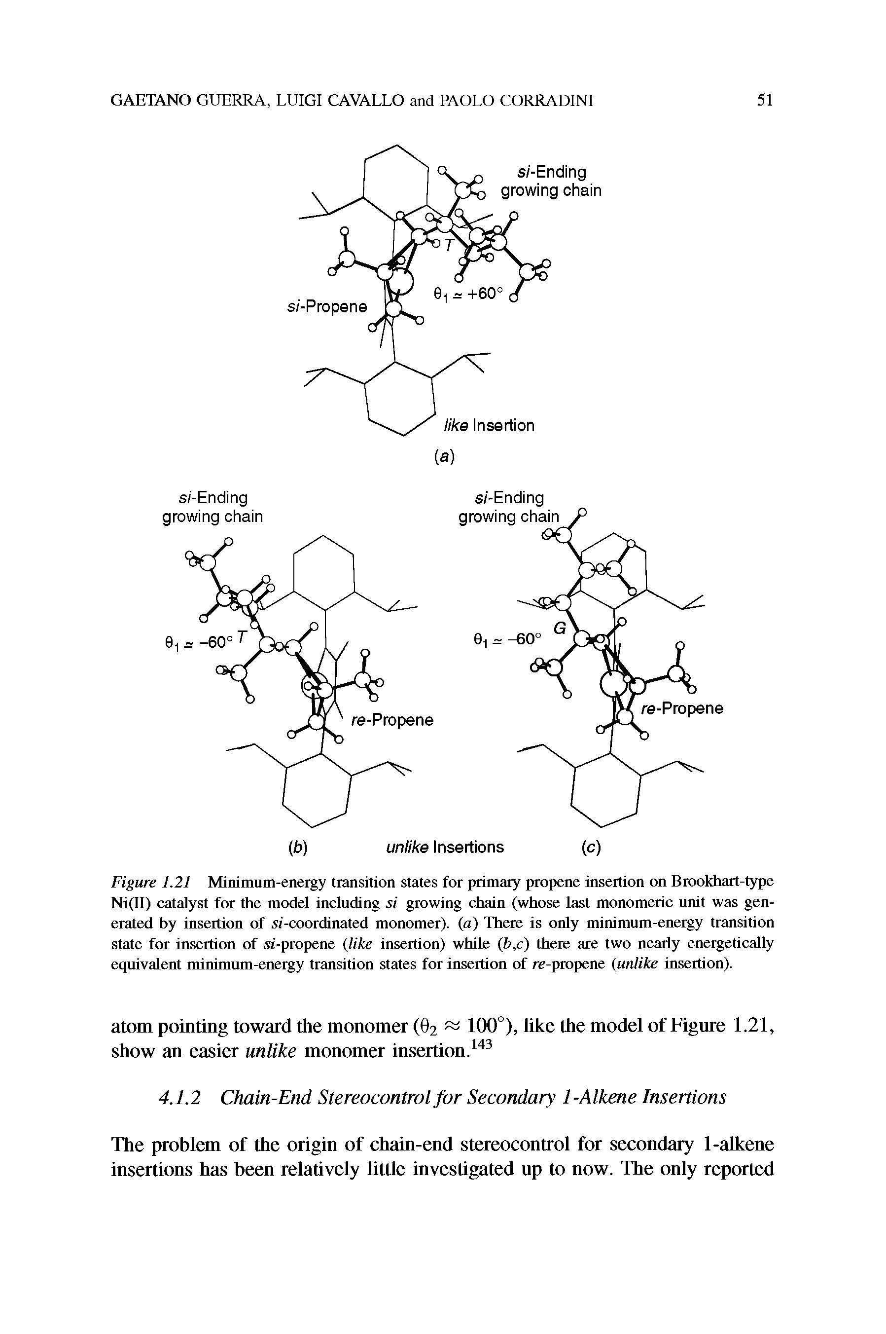 Figure 1.21 Minimum-energy transition states for primary propene insertion on Brookhart-type Ni(II) catalyst for the model including si growing chain (whose last monomeric unit was generated by insertion of -coordinated monomer), (a) There is only minimum-energy transition state for insertion of, v(-propene (like insertion) while (b,c) there are two nearly energetically equivalent minimum-energy transition states for insertion of re-propene (unlike insertion).