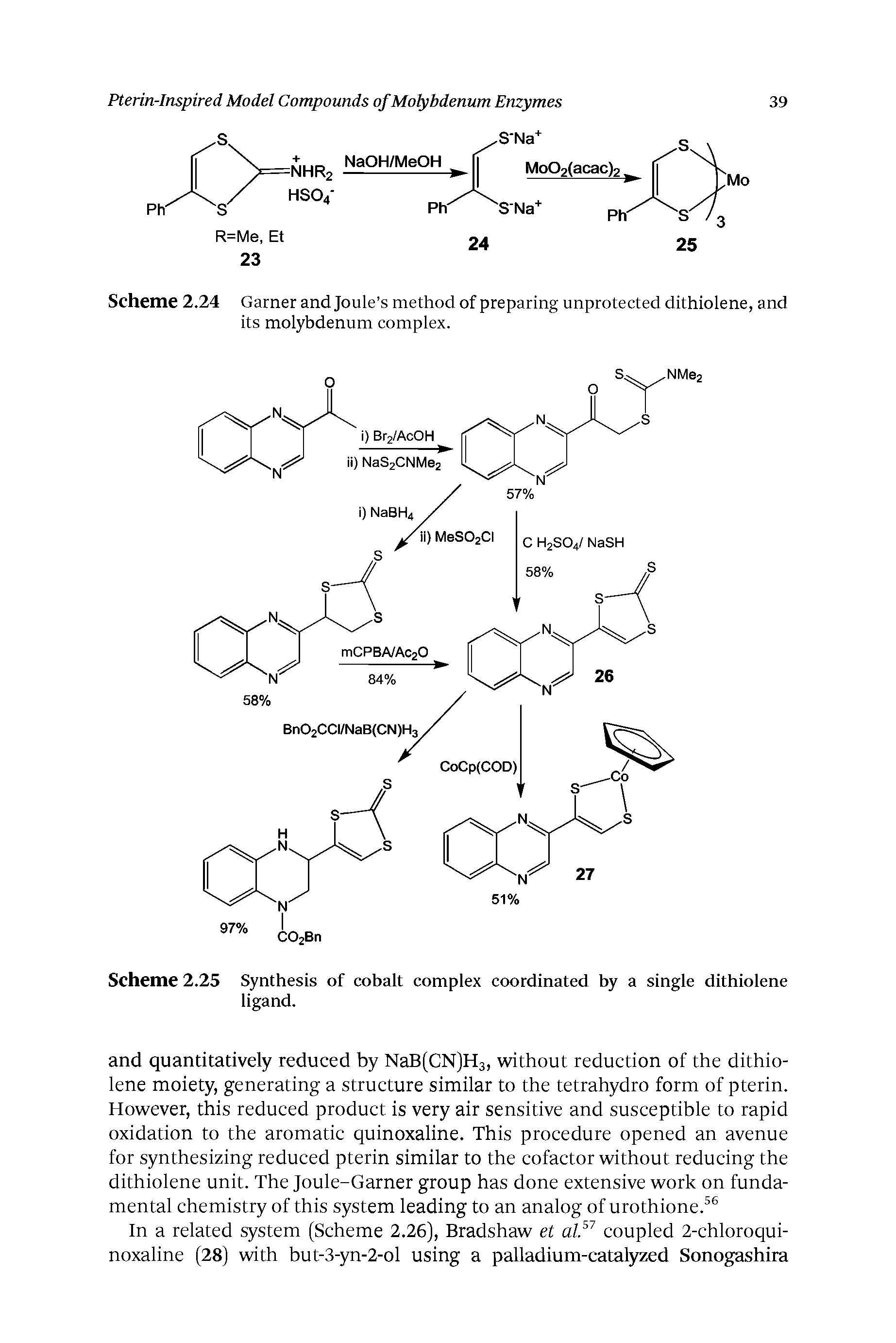 Scheme 2.24 Garner and Joule s method of preparing unprotected dithiolene, and its molybdenum complex.