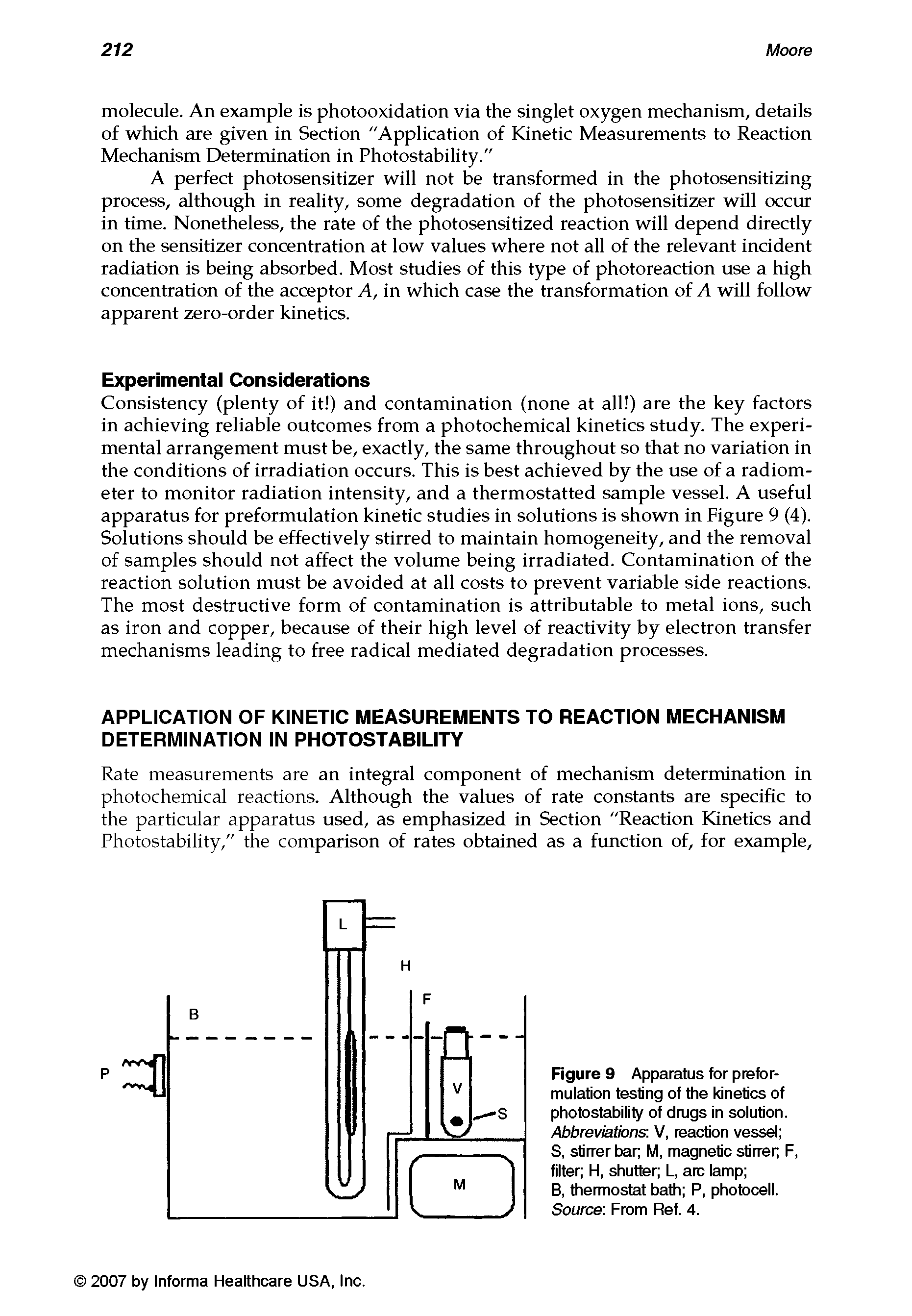 Figure 9 Apparatus for preformulation testing of the kinetics of photostability of drugs in solution. Abbreviations V, reaction vessel ...