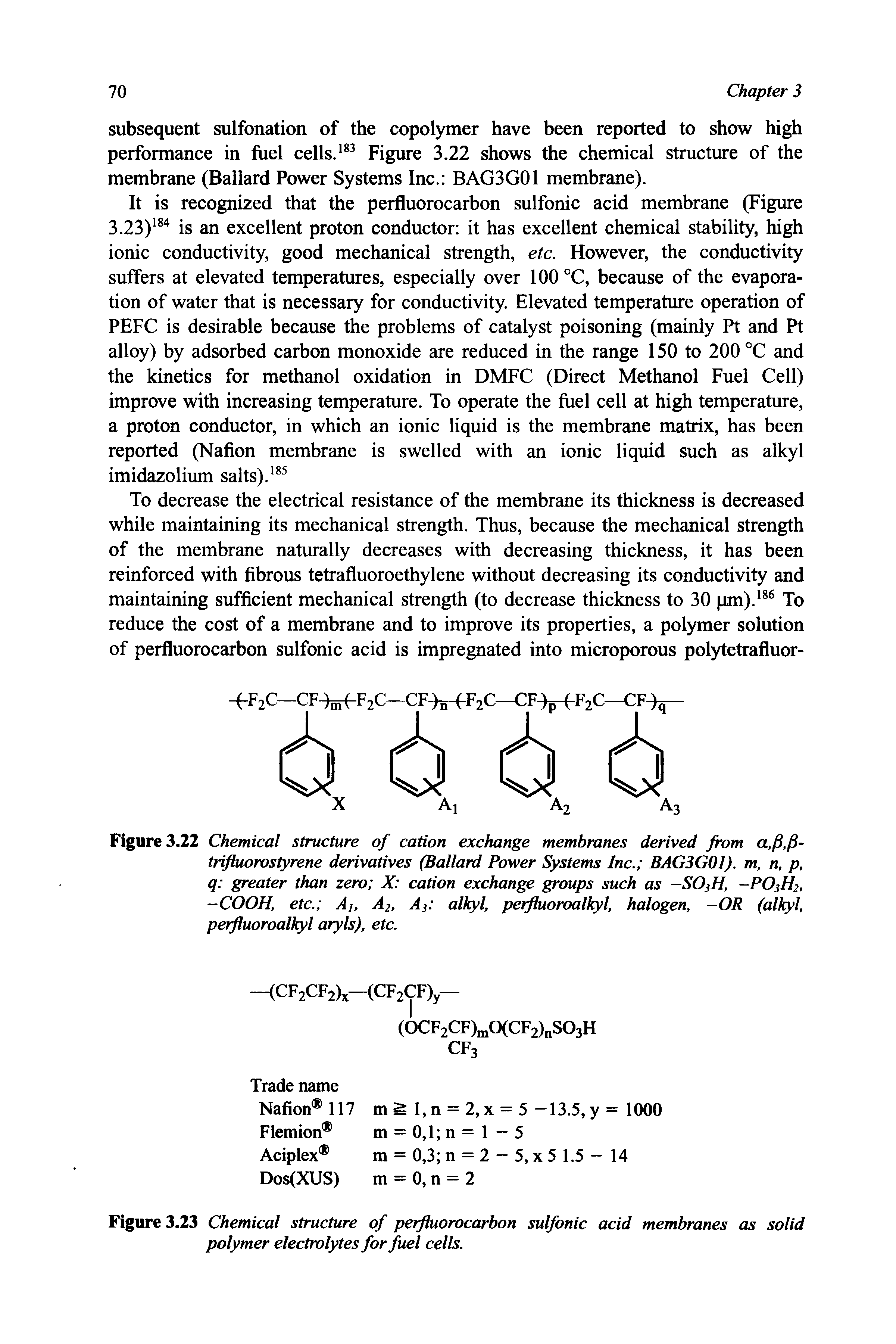 Figure 3.23 Chemical structure of perfluorocarbon sulfonic acid membranes as solid polymer electrolytes for fuel cells.