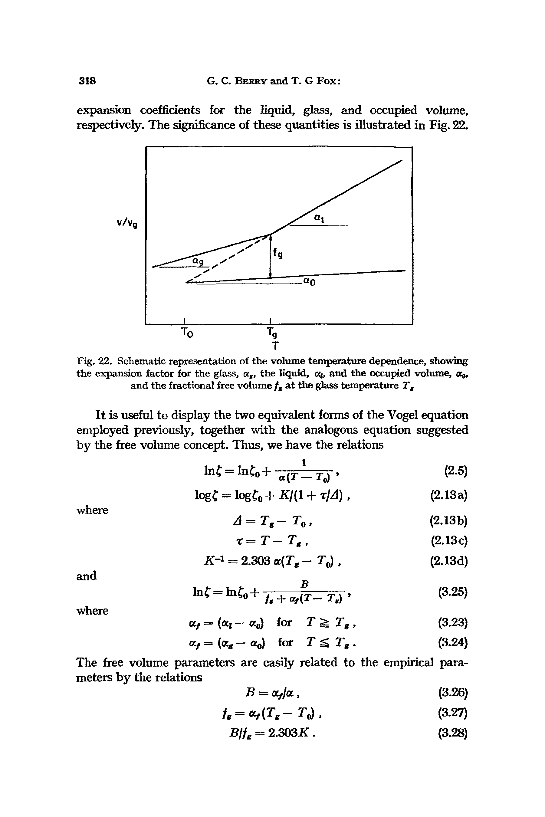 Fig. 22. Schematic representation of the volume temperature dependence, lowing the expansion factor for the glass, a, the liquid, oci, and the occupied volume, o%, and the fractional free volume / at the glass temperature T ...