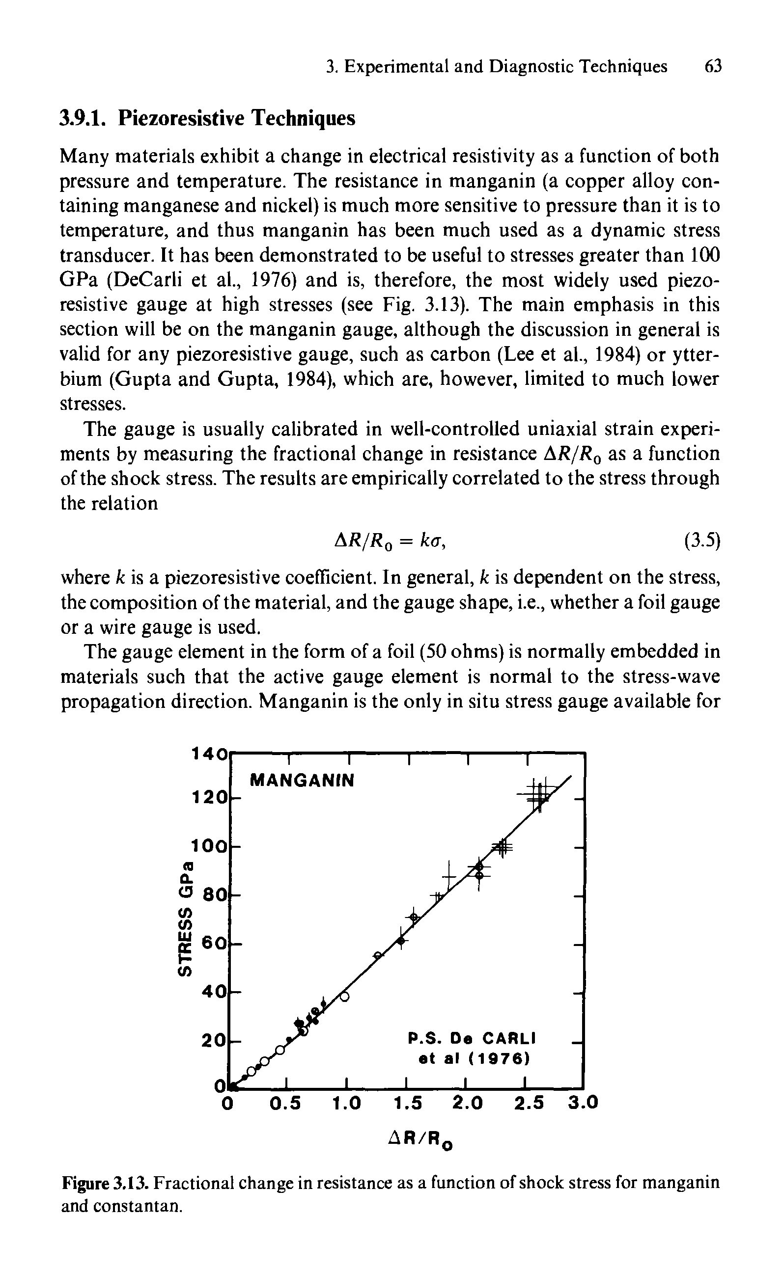 Figure 3.13. Fractional change in resistance as a function of shock stress for manganin and constantan.