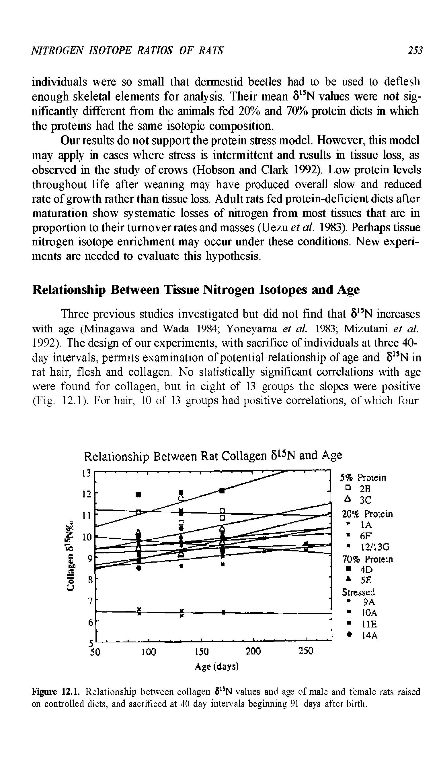 Figure 12.1. Relationship between collagen 8 N values and age of male and female rats raised on controlled diets, and sacrificed at 40 day intervals beginning 91 days after birth.