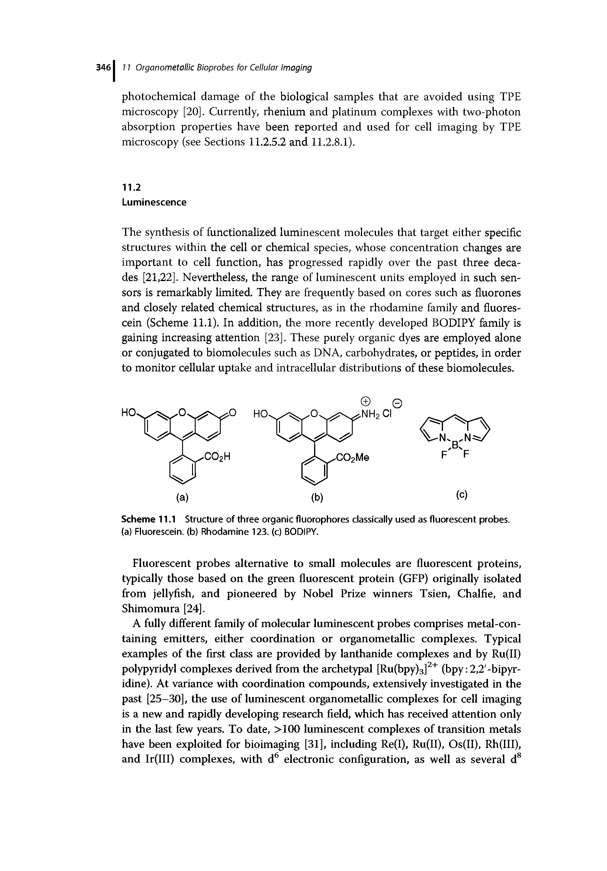 Scheme 11.1 Structure of three organic fluorophores classically used as fluorescent probes, (a) Fluorescein, (b) Rhodamine 123. (c) BODIPY.