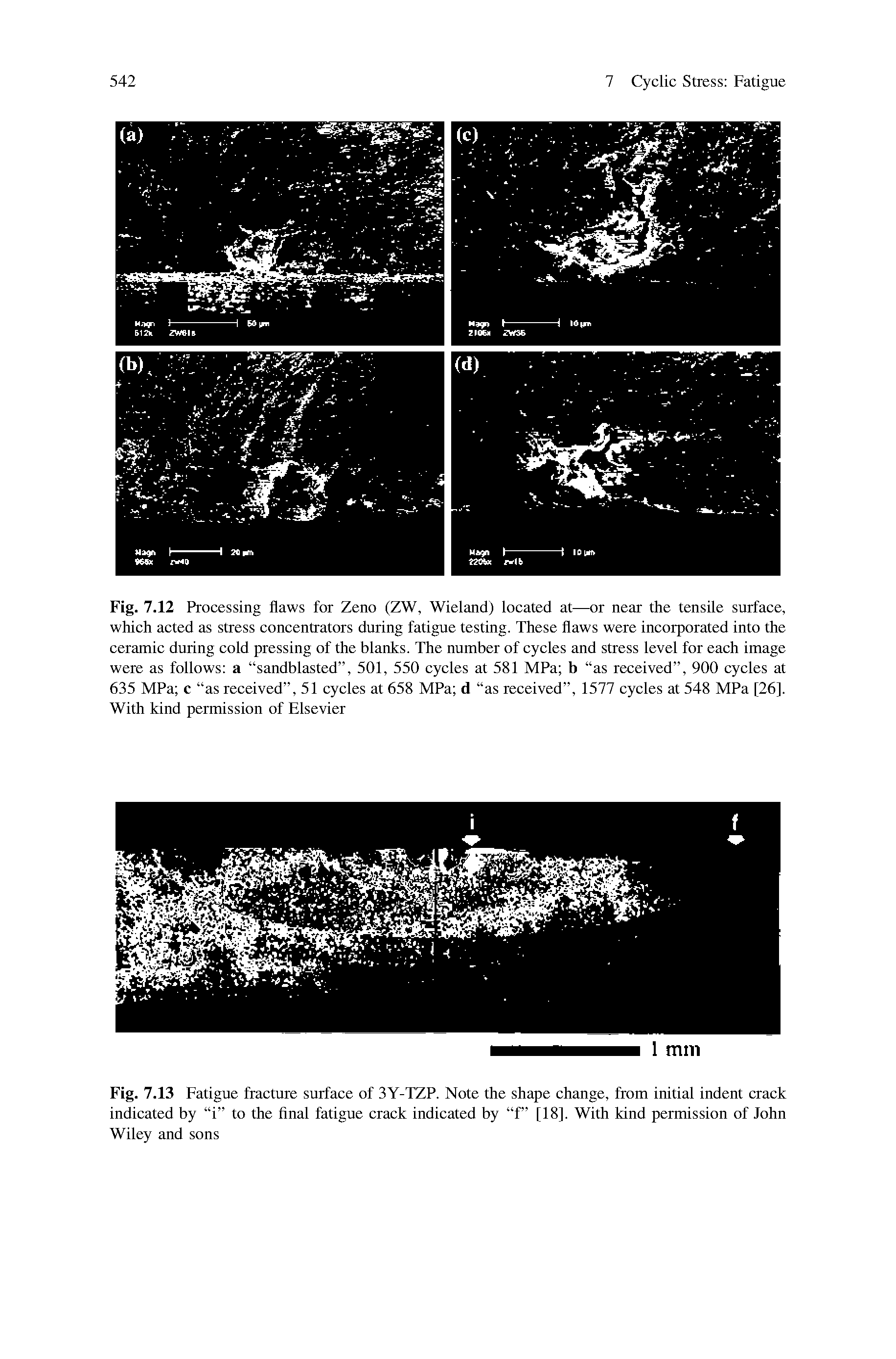 Fig. 7.12 Processing flaws for Zeno (ZW, Wieland) located at—or near the tensile surface, which acted as stress concentrators during fatigue testing. These flaws were incorporated into the ceramic during cold pressing of the blanks. The number of cycles and stress level for each image were as follows a sandblasted , 501, 550 cycles at 581 MPa b as received , 900 cycles at 635 MPa c as received , 51 cycles at 658 MPa d as received , 1577 cycles at 548 MPa [26]. With kind permission of Elsevier...