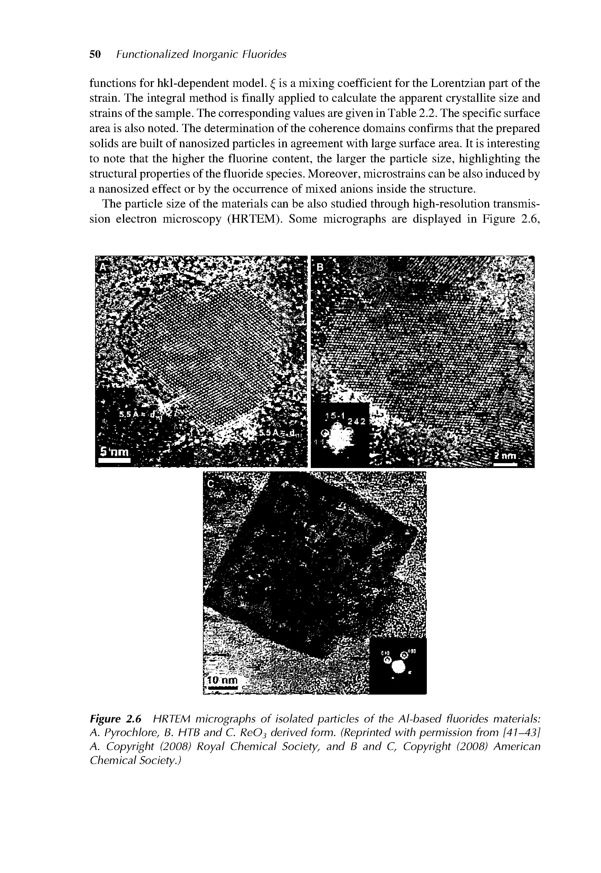 Figure 2.6 HRTEM micrographs of isolated particles of the Al-based fluorides materials A. Pyrochlore, B. HTB and C. ReOj derived form. (Reprinted with permission from [41-43] A. Copyright (2008) Royal Chemical Society, and B and C, Copyright (2008) American Chemical Society.)...