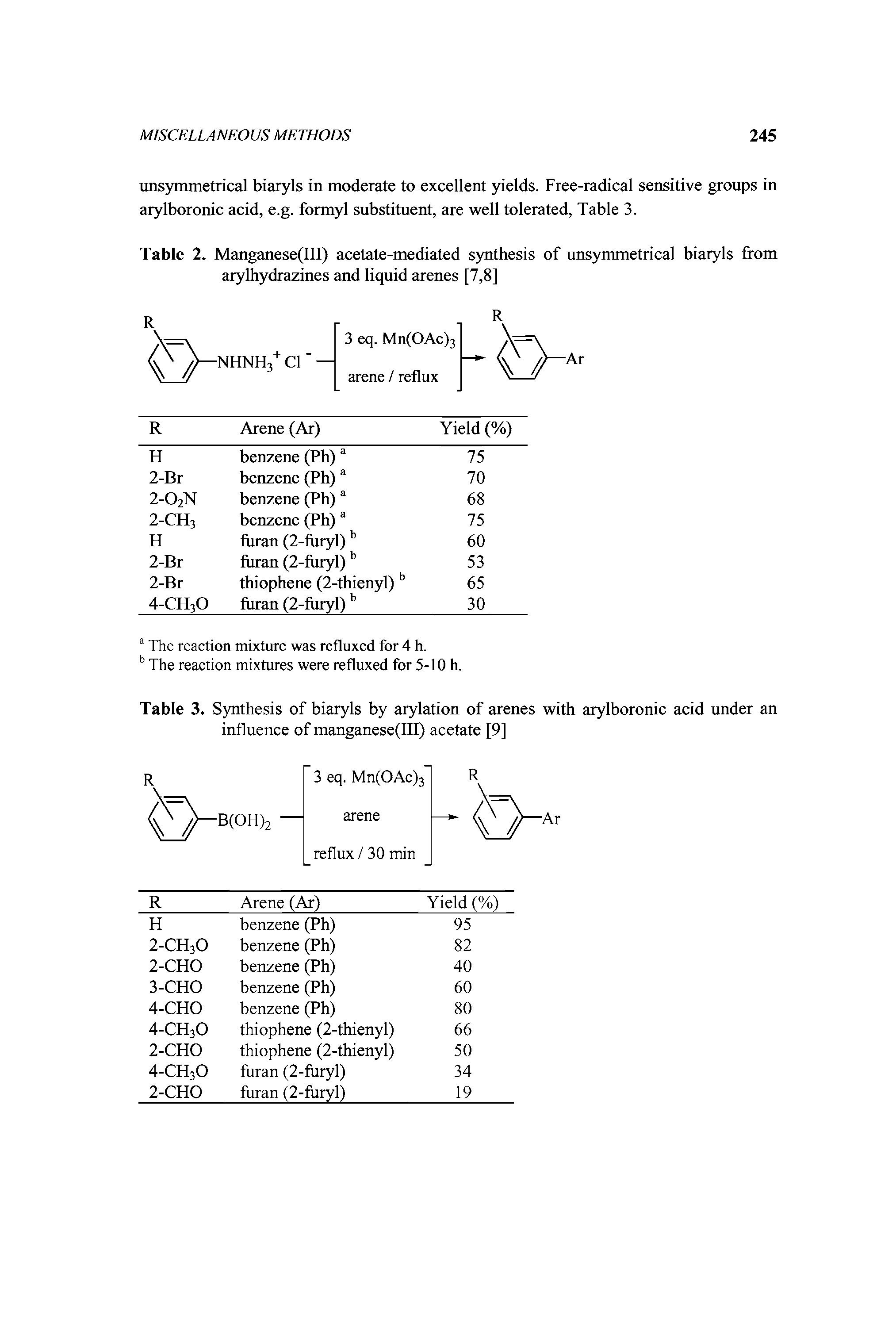 Table 2. Manganese(lll) acetate-mediated synthesis of unsymmetrical biaryls from arylhydrazines and liquid arenes [7,8]...