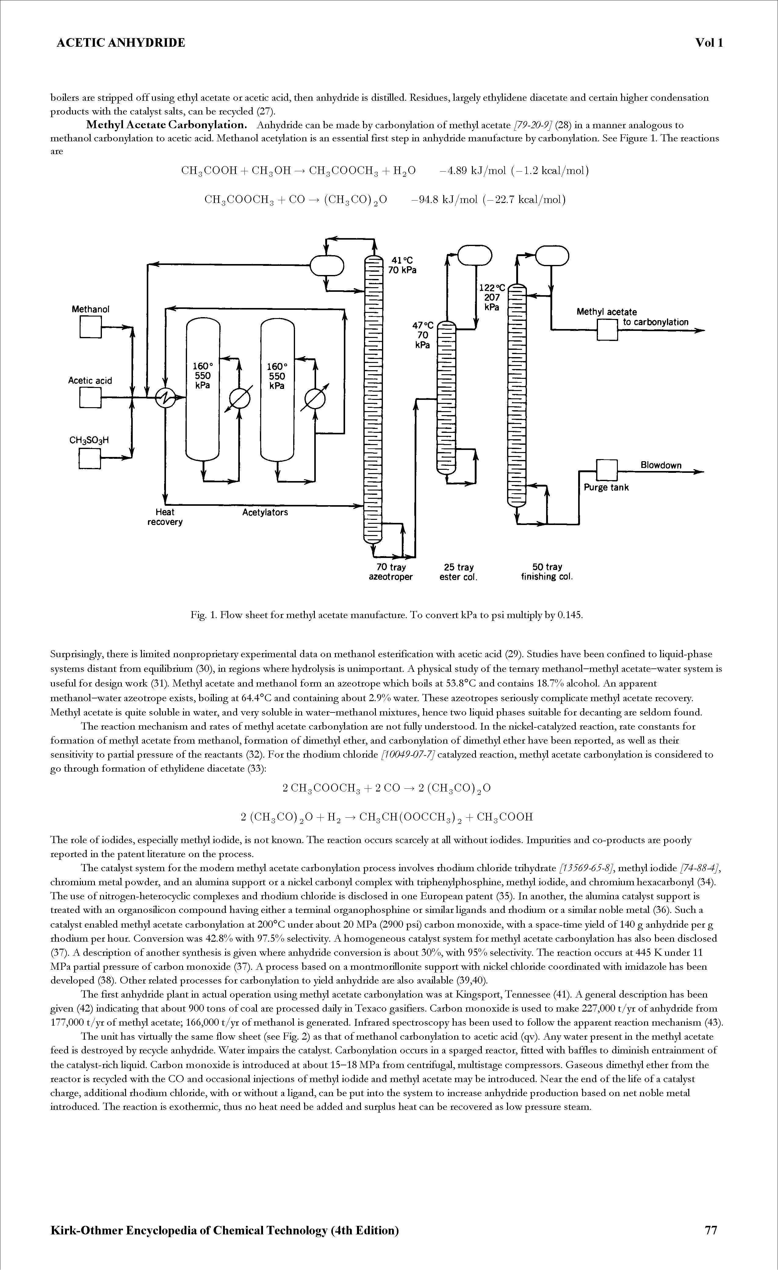 Fig. 1. Flow sheet for methyl acetate manufacture. To convert kPa to psi multiply by 0.145.