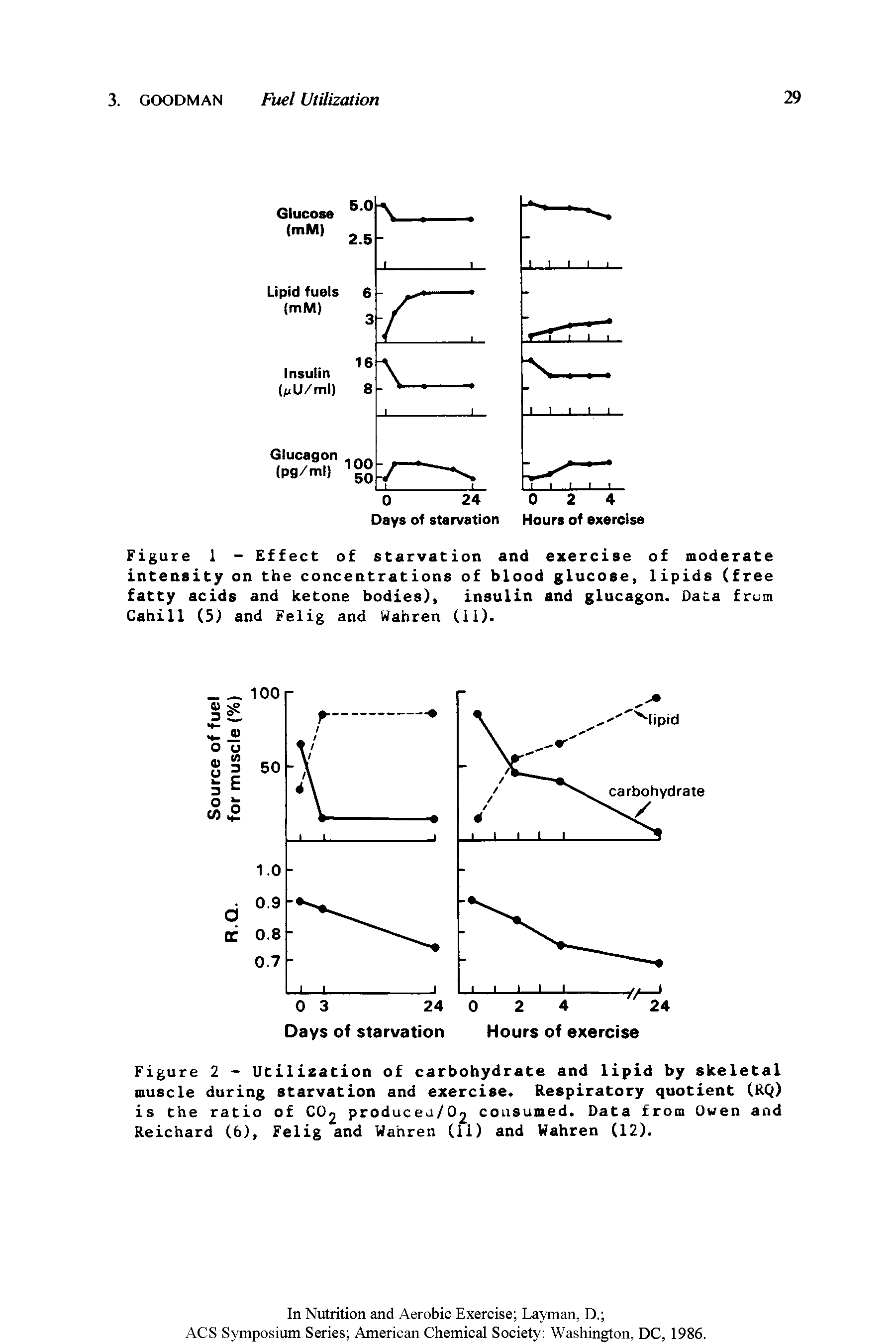Figure 2 - Utilization of carbohydrate and lipid by skeletal muscle during starvation and exercise. Respiratory quotient (RQ) is the ratio of CO2 producea/02 consumed. Data from Owen and Reichard (6), Felig and Wahren (11) and Wahren (12).