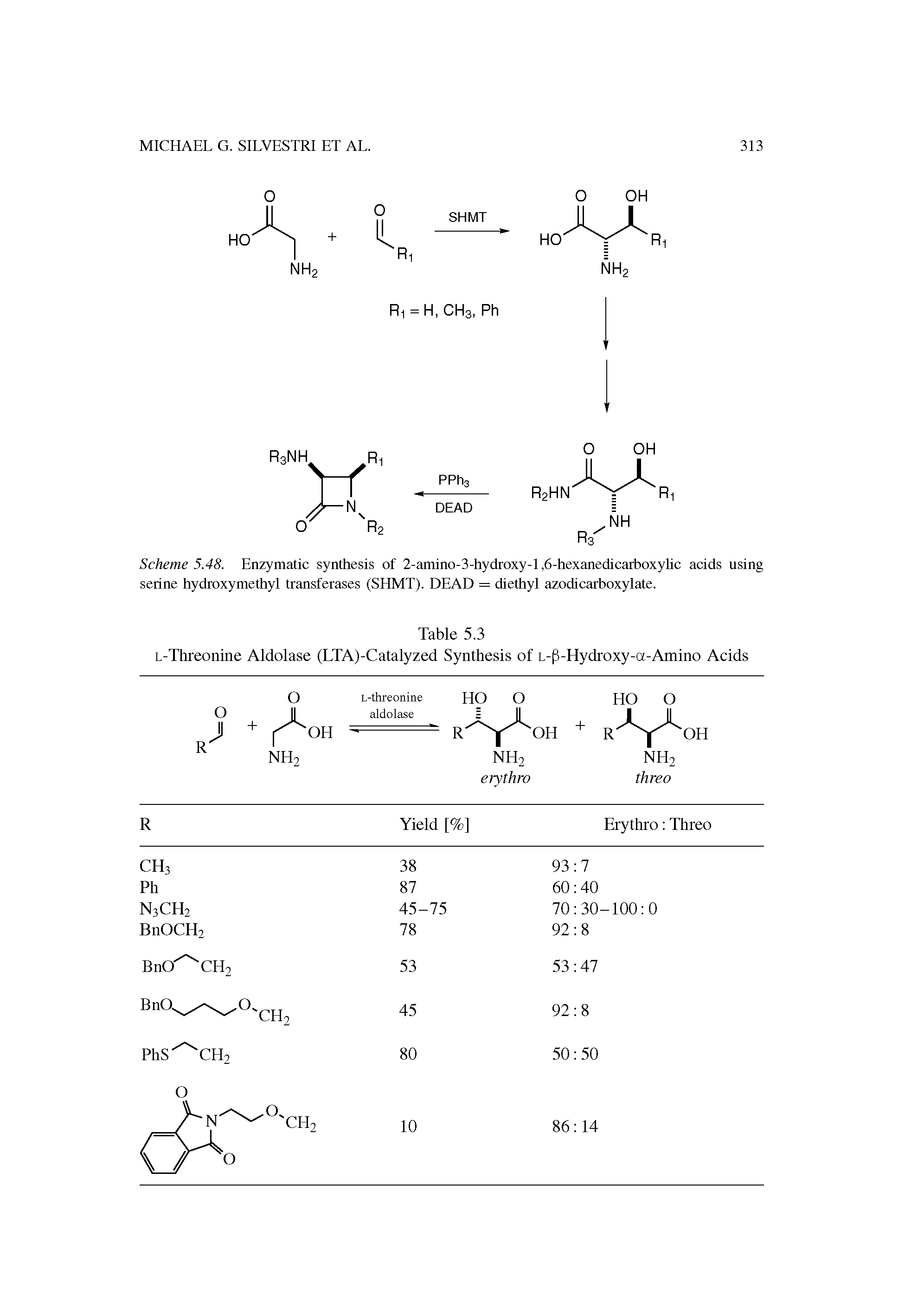 Scheme 5.48. Enzymatic synthesis of 2-amino-3-hydroxy-l, 6-hexanedicarboxylic acids using serine hydroxymethyl transferases (SHMT). DEAD = diethyl azodicarboxylate.