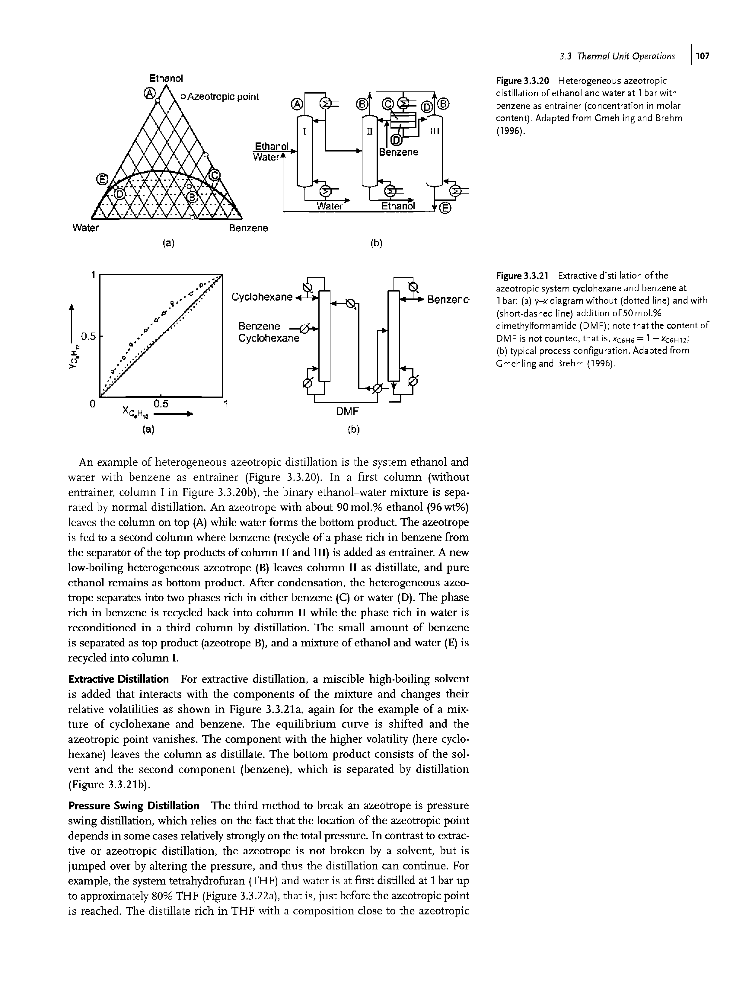 Figure 3.3.21 Extractive distillation of the azeotropic system cyclohexane and benzene at Benzene 1 bar (a) y-x diagram without (dotted line) and with (short-dashed line) addition of50mol.% dimethylformamide (DMF) note that the content of DMF is not counted, that is,xc6H6= 1 —xccHizi (b) typical process configuration. Adapted from Cmehling and Brehm (1996).
