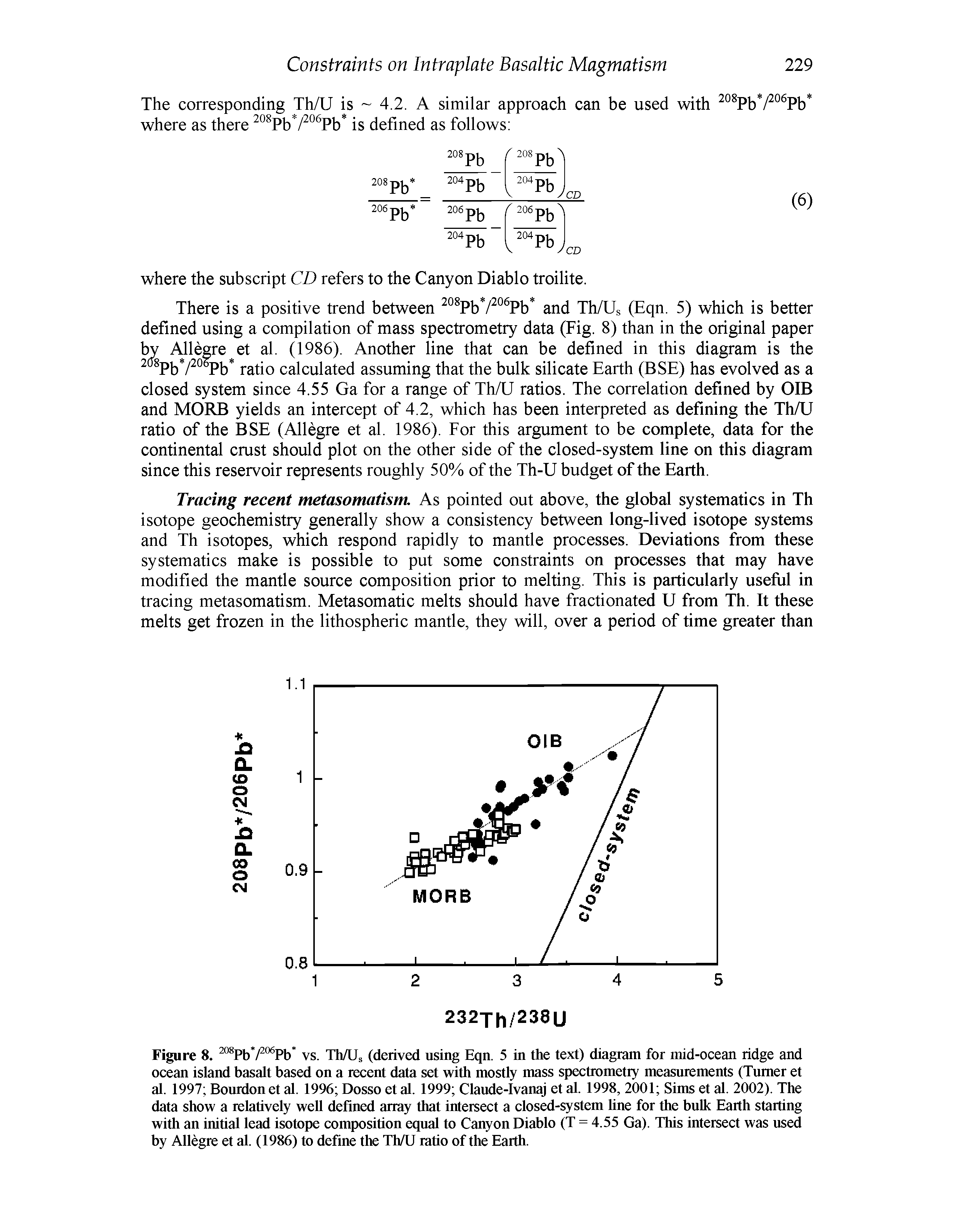 Figure 8. ° Pb7 Pb vs. Th/Us (derived using Eqn. 5 in the text) diagram for mid-ocean ridge and ocean island basalt based on a recent data set with mostly mass spectrometry measurements (Turner et al. 1997 Bourdon et al. 1996 Dosso et al. 1999 Claude-lvanaj et al. 1998, 2001 Sims et al. 2002). The data show a relatively well defined array that intersect a closed-system hne for the bulk Earth starting with an initial lead isotope composition equal to Canyon Diablo (T = 4.55 Ga). This intersect was used by Allegre et al. (1986) to define the Th/U ratio of the Earth.