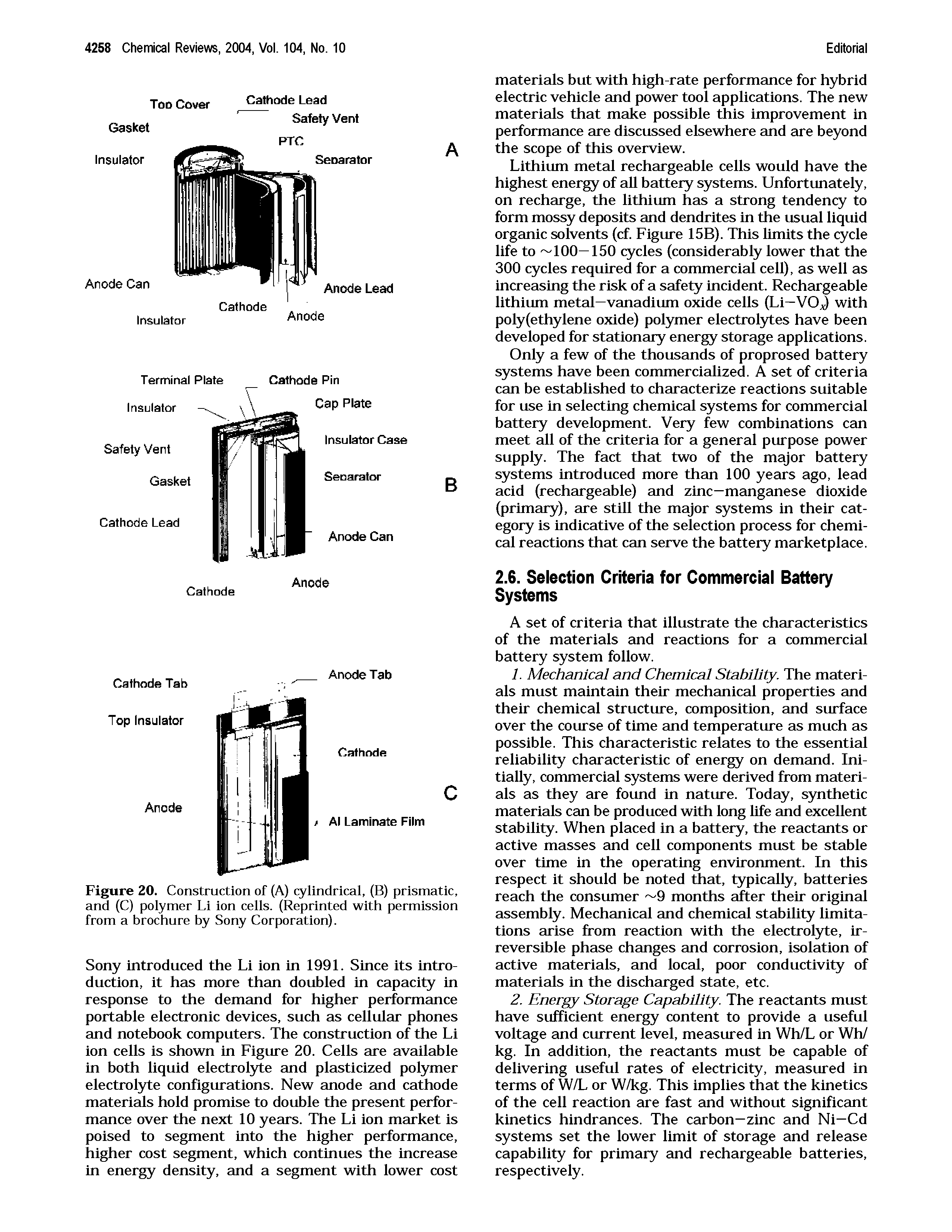 Figure 20. Construction of (A) cylindrical, (B) prismatic, and (C) polymer Li ion cells. (Reprinted with permission from a brochure by Sony Corporation).