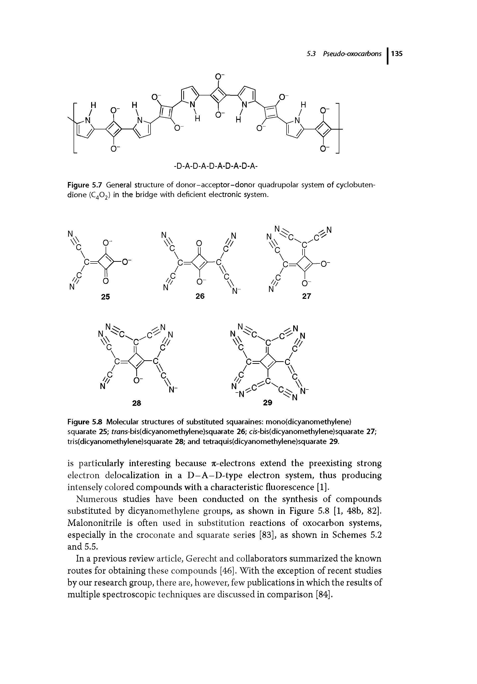 Figure 5.8 Molecular structures of substituted squaraines mono(dicyanomethylene) squarate 25 frans-bis(dicyanomethylene)squarate 26 c/s-bis(dicyanomethylene)squarate 27 tris(dicyanomethylene)squarate 28 and tetraquis(dicyanomethylene)squarate 29.