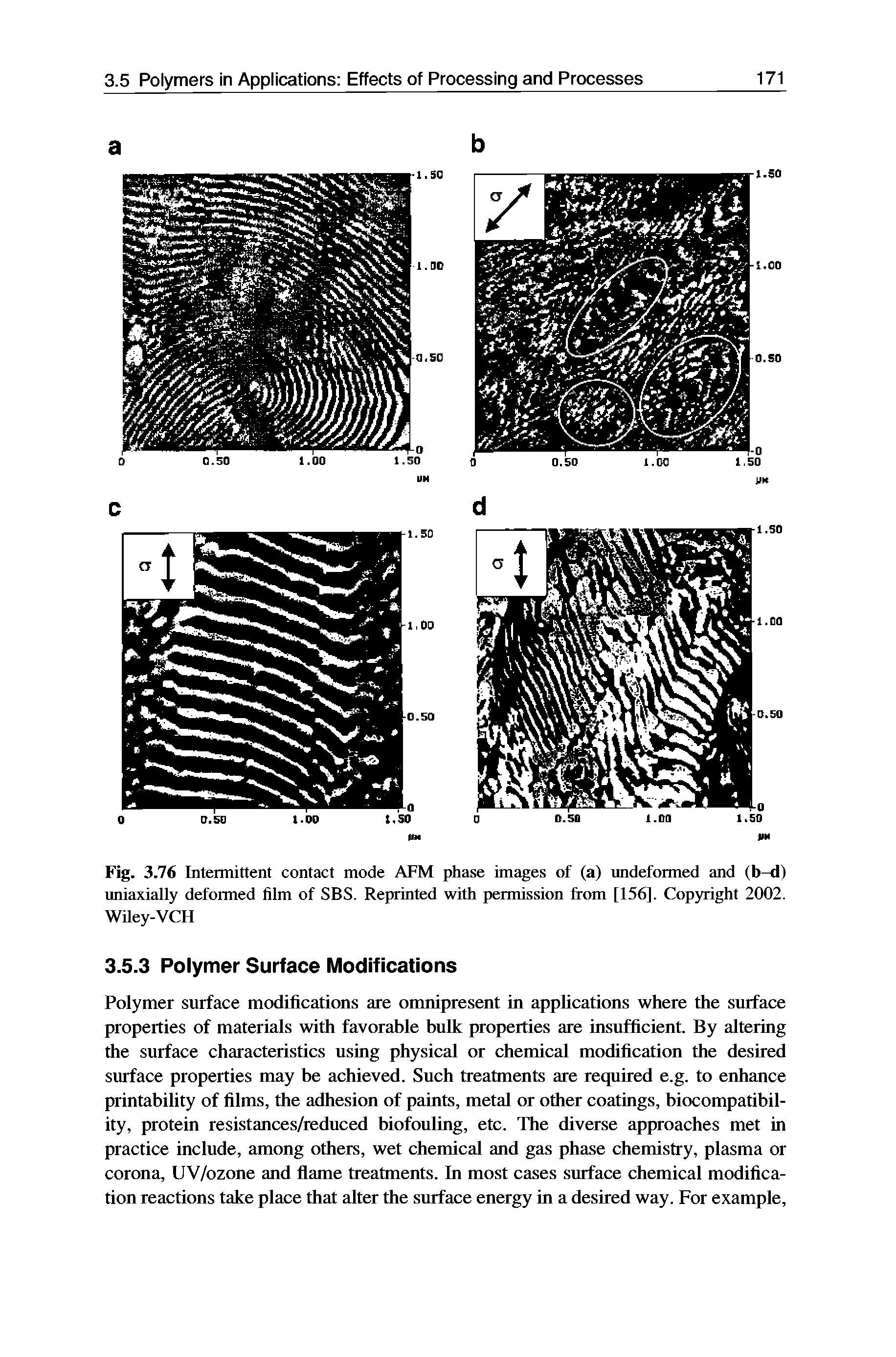 Fig. 3.76 Intermittent contact mode AFM phase images of (a) undeformed and (b-d) uniaxially deformed film of SBS. Reprinted with permission from [156]. Copyright 2002. Wiley-VCH...