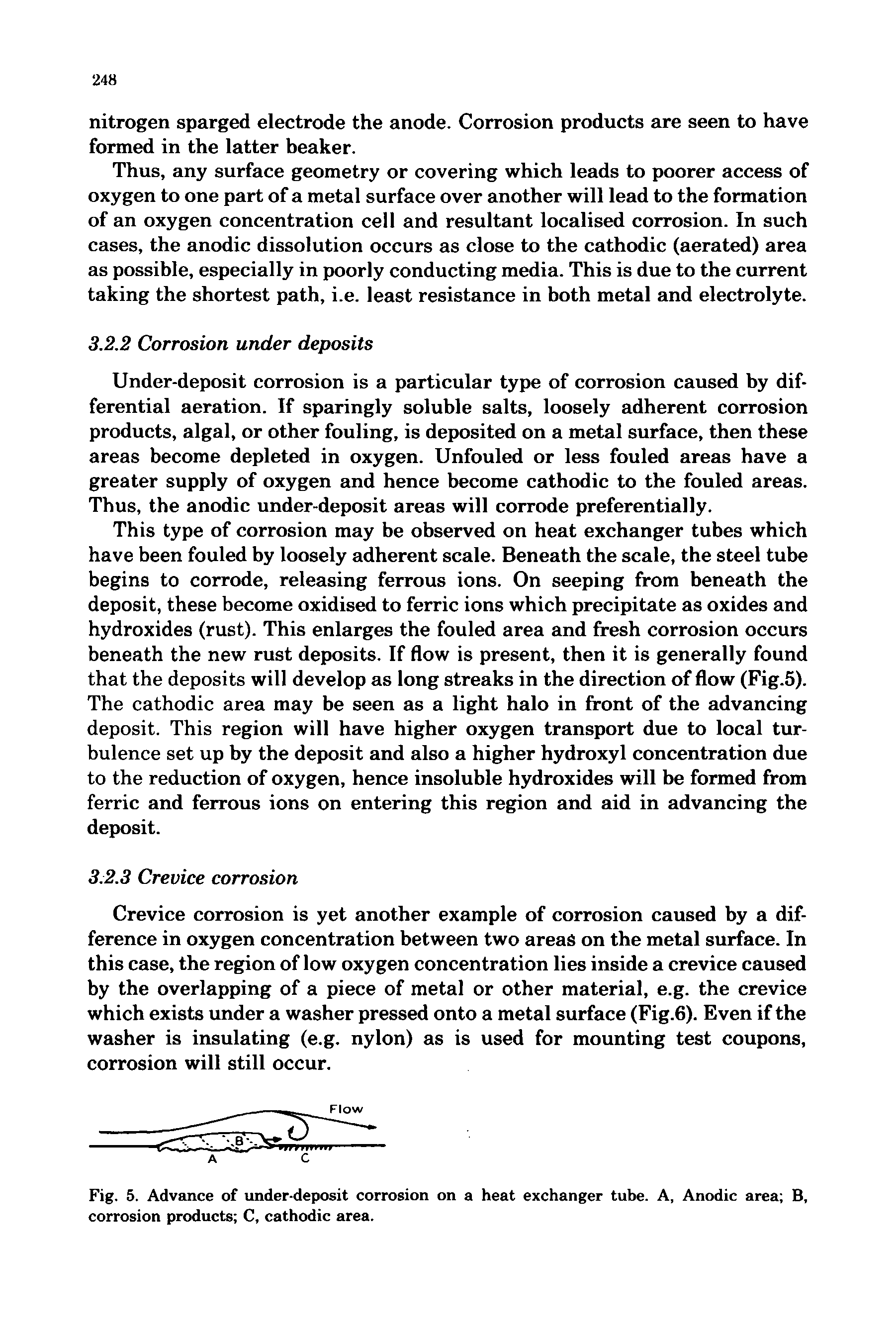 Fig. 5. Advance of under-deposit corrosion on a heat exchanger tube. A, Anodic area B, corrosion products C, cathodic area.