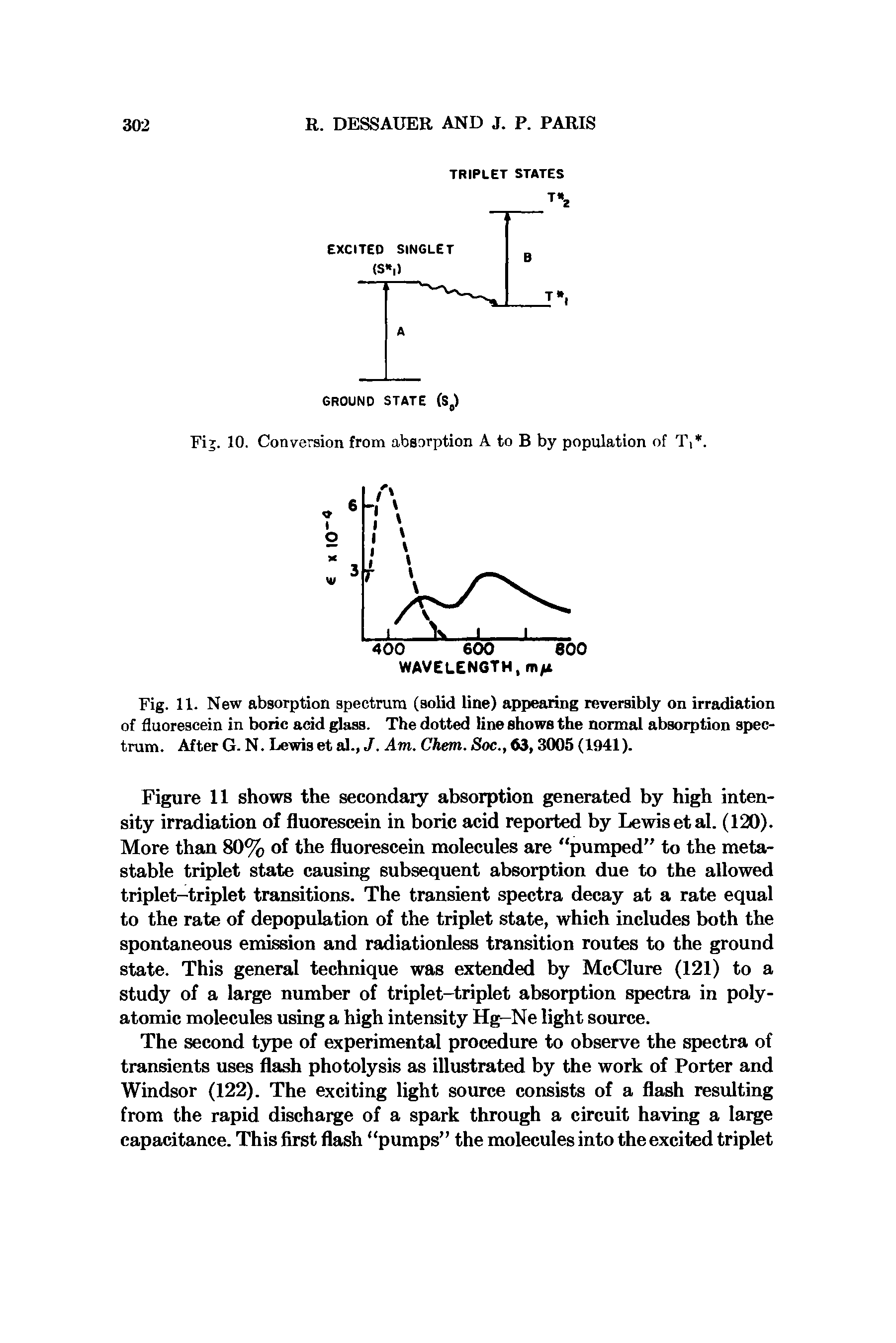 Fig. 11. New absorption spectrum (solid line) appearing reversibly on irradiation of fluorescein in boric acid glass. The dotted line shows the normal absorption spectrum. After G. N. Lewis et al., J. Am. Ckem. Soc., to, 3005 (1941).