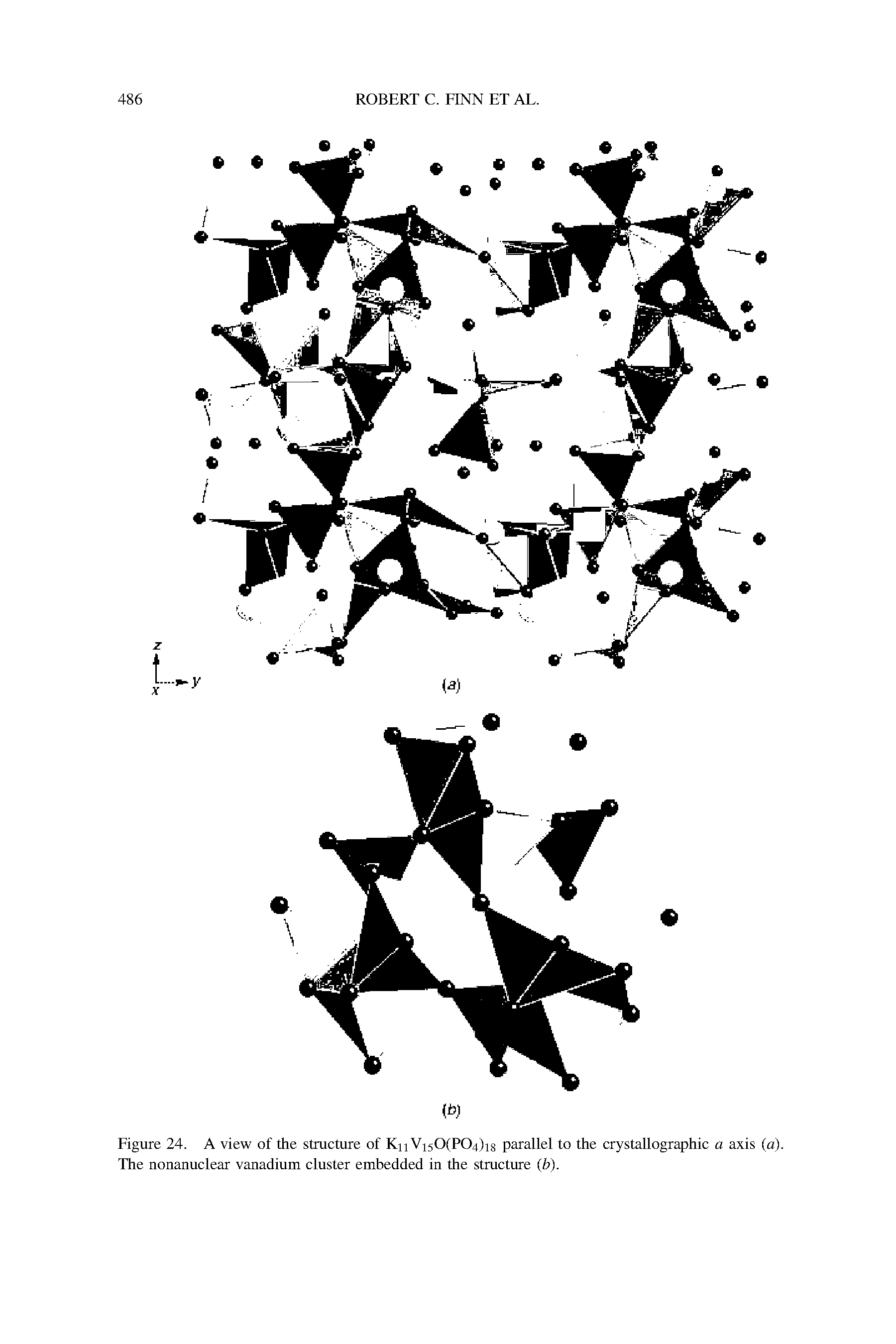 Figure 24. A view of the structure of Kn Vi50(P04)i8 parallel to the crystallographic a axis (a). The nonanuclear vanadium cluster embedded in the structure (b).