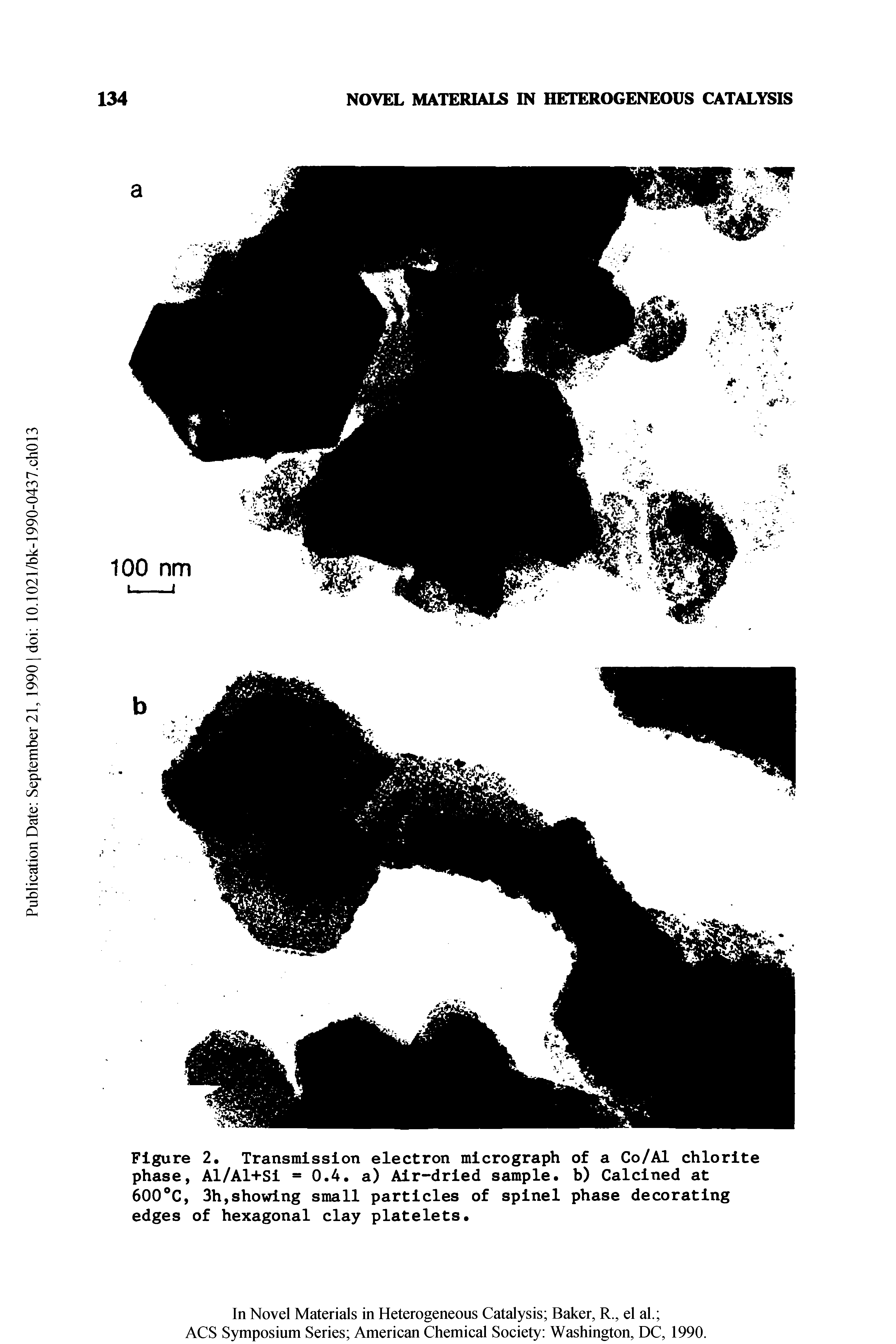 Figure 2. Transmission electron micrograph of a Co/Al chlorite phase, Al/Al+Si = 0.4. a) Air-dried sample, b) Calcined at 600 C, 3h,showing small particles of spinel phase decorating edges of hexagonal clay platelets.