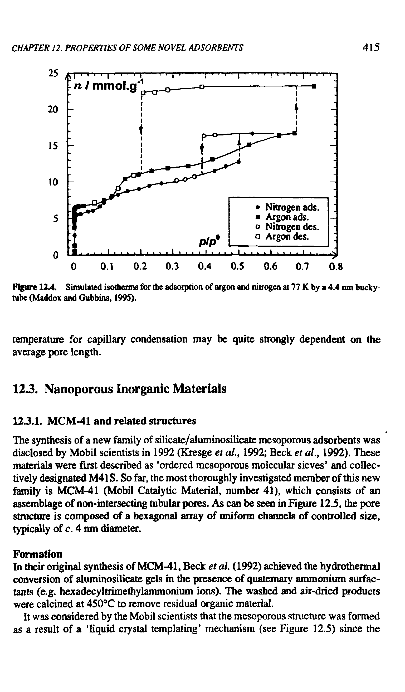 Figure 12.4. Simulated isotherms for the adsorption of argon and nitrogen at 77 K by a 4.4 nm bucky-tube (Maddox and Gubbins, 1995).