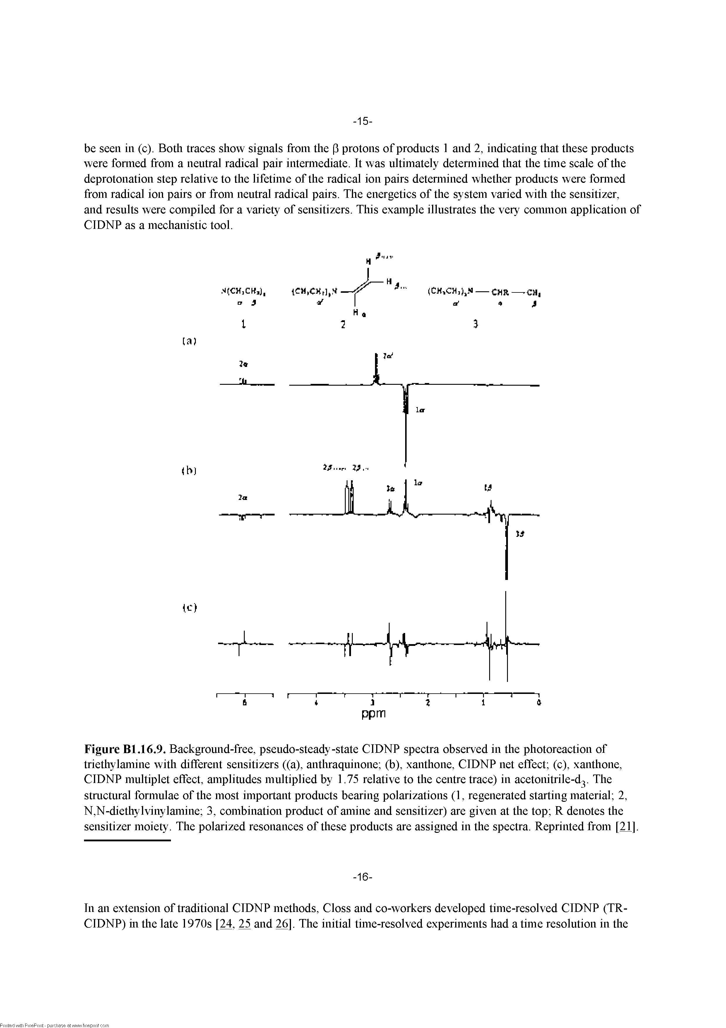 Figure Bl.16.9. Background-free, pseudo-steady-state CIDNP spectra observed in the photoreaction of triethylamine with different sensitizers ((a), antliraquinone (b), xanthone, CIDNP net effect (c), xanthone, CIDNP multiplet effect, amplitudes multiplied by 1.75 relative to the centre trace) in acetonitrile-d3. The stmctiiral formulae of the most important products bearing polarizations (1, regenerated starting material 2, N,N-diethylvinylamine 3, combination product of amine and sensitizer) are given at the top R denotes the sensitizer moiety. The polarized resonances of these products are assigned in the spectra. Reprinted from [21].