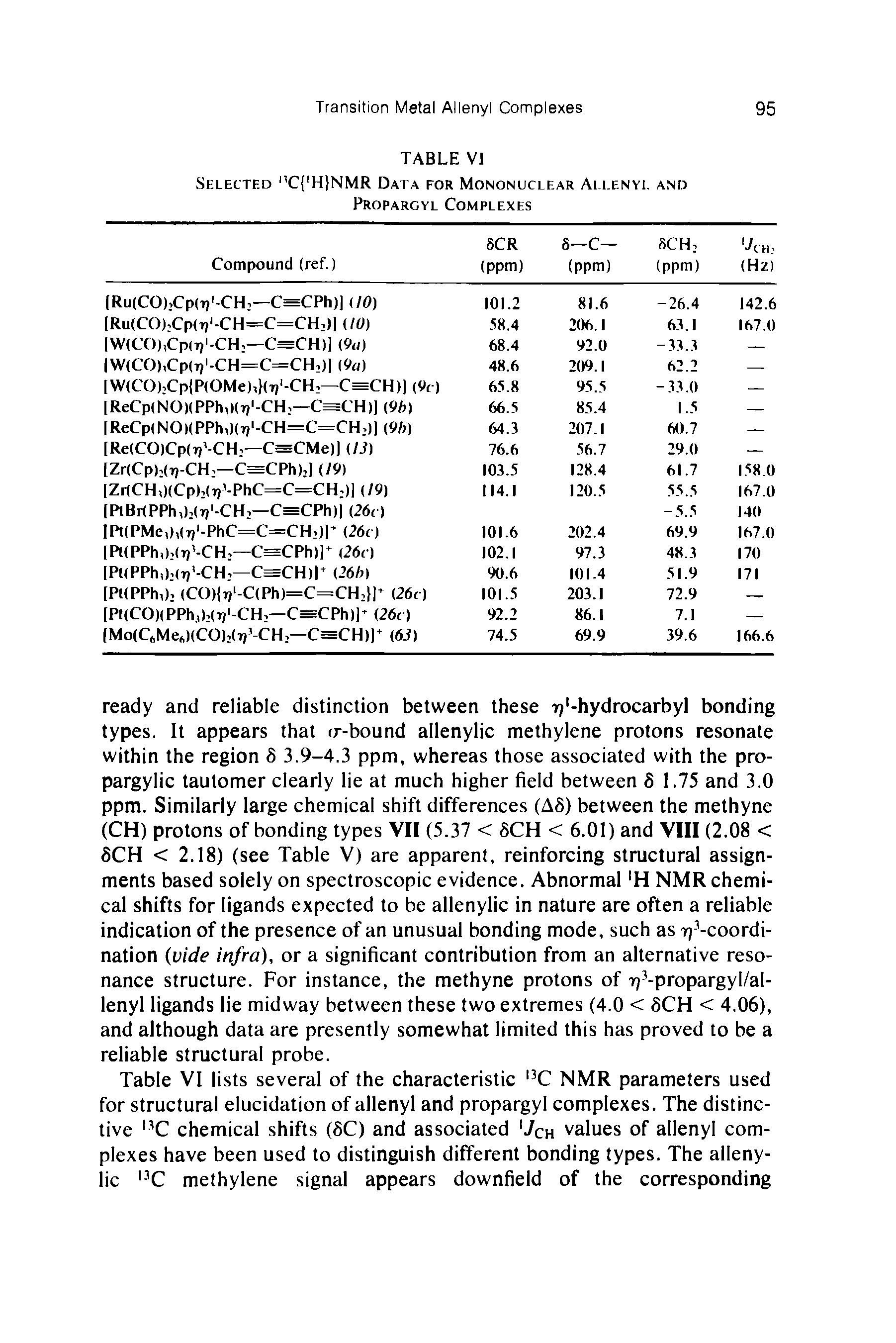 Table VI lists several of the characteristic C NMR parameters used for structural elucidation of allenyl and propargyl complexes. The distinctive C chemical shifts (8C) and associated Jch values of allenyl complexes have been used to distinguish different bonding types. The aileny-lic - C methylene signal appears downfield of the corresponding...