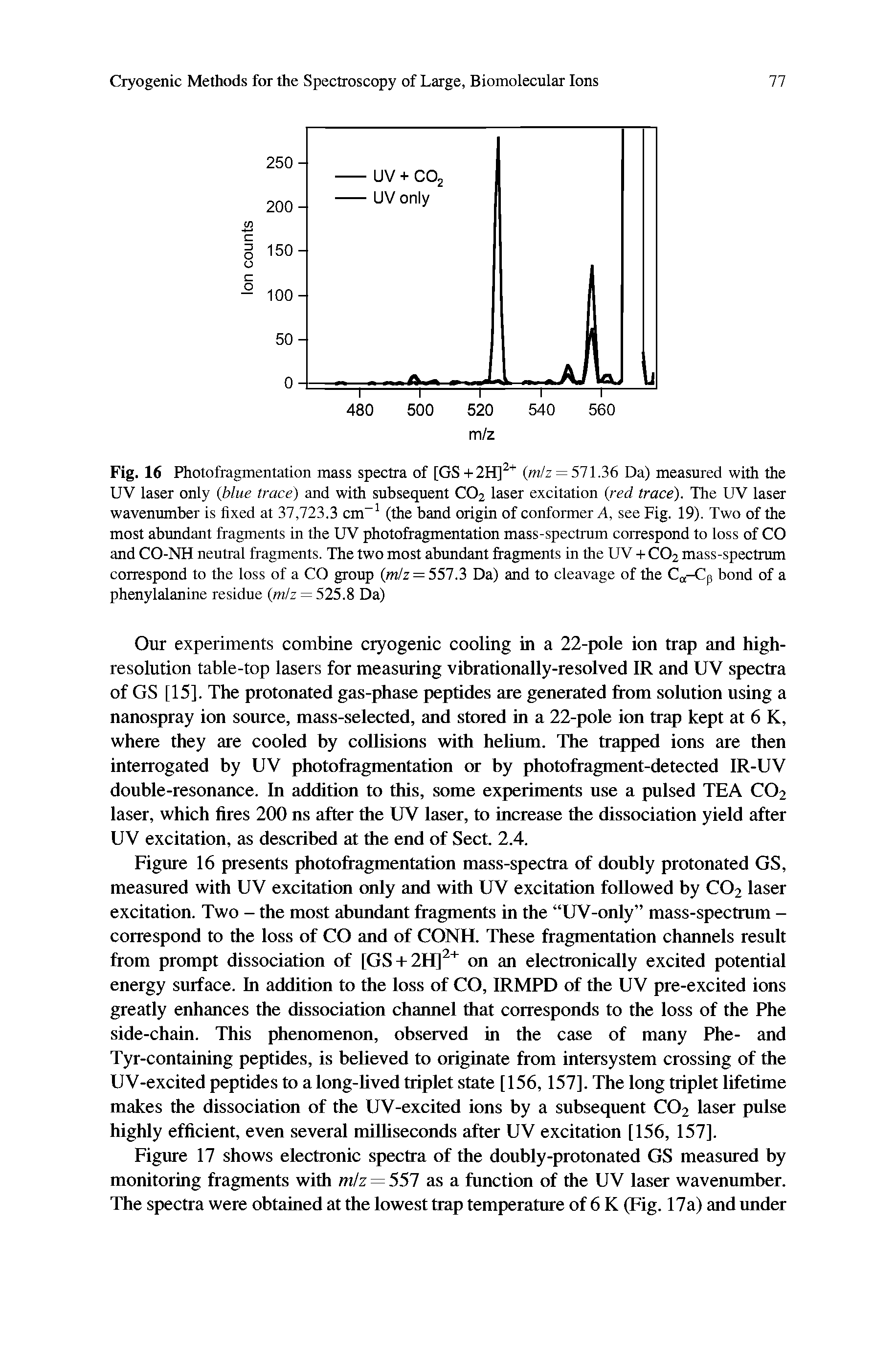 Fig. 16 Photofragmentation mass spectra of [GS+2H] (m/z = 571.36 Da) measured with the UV laser only (blue trace) and with subsequent CO2 laser excitation (red trace). The UV laser wavenumber is fixed at il.ll i. i cm (the band origin of conformer A, see Fig. 19). Two of the most abundant fragments in the UV photofragmentation mass-spectrum correspond to loss of CO and CO-NH neutral fragments. The two most abundant fi agments in the UV + CO2 mass-spectrum correspond to the loss of a CO group (w/z = 557.3 Da) and to cleavage of the C -Cp bond of a phenylalanine residue (m/z = 525.8 Da)...