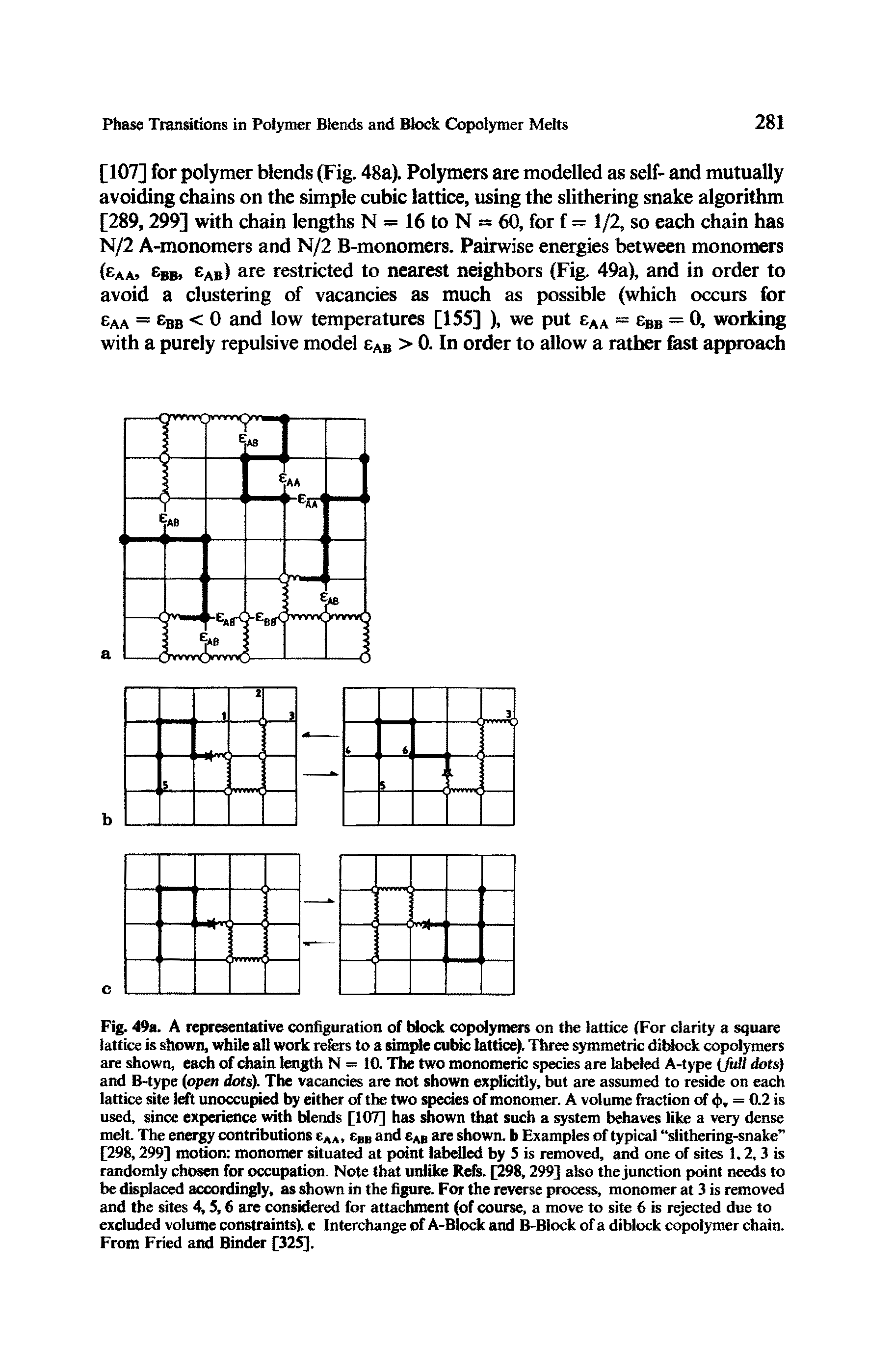 Fig. 49a. A representative configuration of block copolymers on the lattice (For clarity a square lattice is shown, while all work refers to a simple cubic lattice). Three symmetric diblock copolymers are shown, each of chain length N = 10. The two monomeric species are labeled A-type (full dots) and B-type (open dots). The vacancies are not shown explicitly, but are assumed to reside on each lattice site left unoccupied by either of the two species of monomer. A volume fraction of < >v = 0.2 is used, since experience with blends [107] has shown that such a system behaves like a very dense melt. The energy contributions eAA, eBB and eAB are shown, b Examples of typical slithering-snake [298,299] motion monomer situated at point labelled by 5 is removed, and one of sites 1,2,3 is randomly chosen for occupation. Note that unlike Refs. [298,299] also the junction point needs to be displaced accordingly, as shown in the figure. For the reverse process, monomer at 3 is removed and the sites 4,5,6 are considered for attachment (of course, a move to site 6 is rejected due to excluded volume constraints), c Interchange of A-Block and B-Block of a diblock copolymer chain. From Fried and Binder [325],...