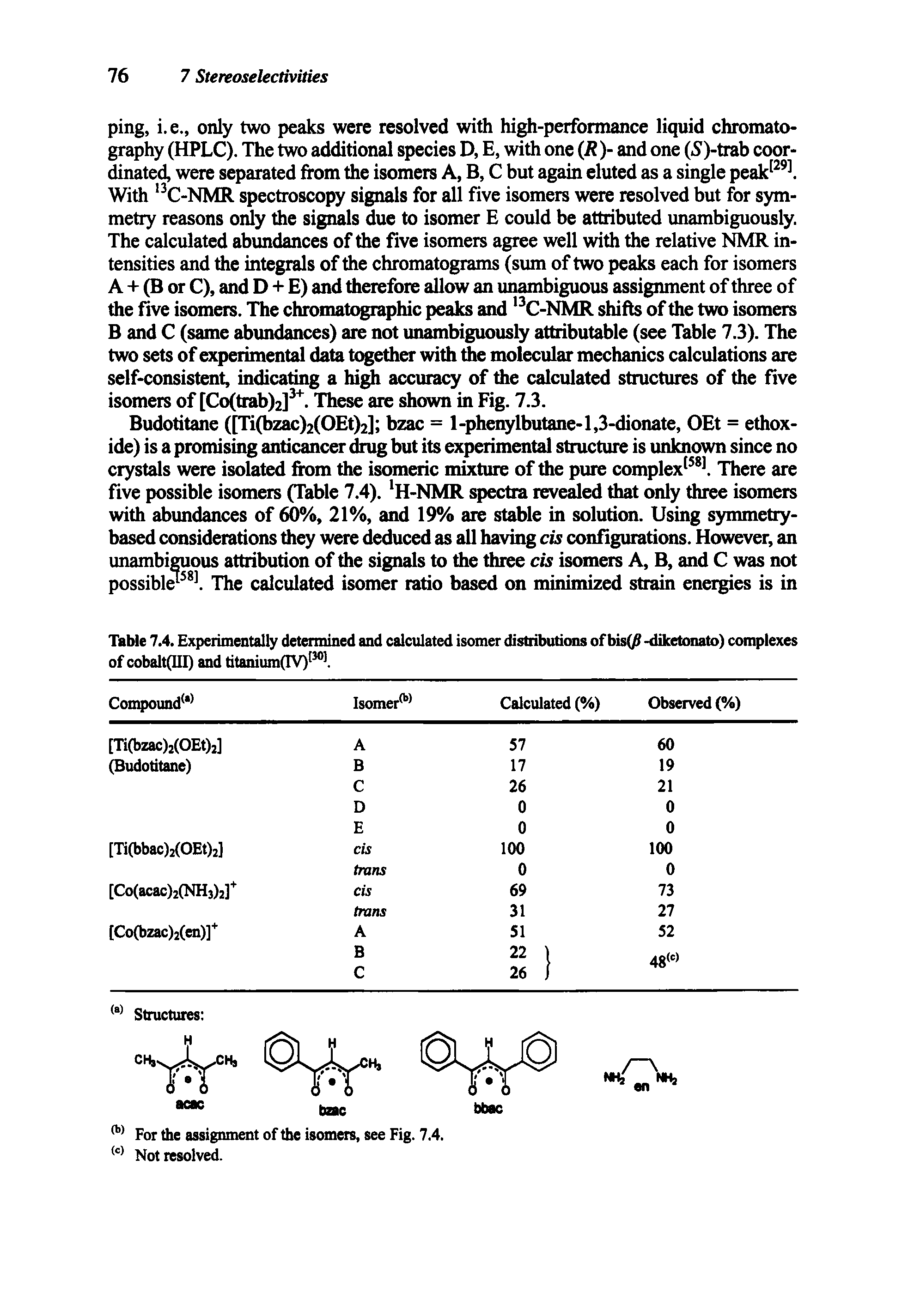 Table 7.4. Experimentally determined and calculated isomer distributions ofbis(/ -diketonato) complexes of cobalt(III) and titanium(IV)1301.