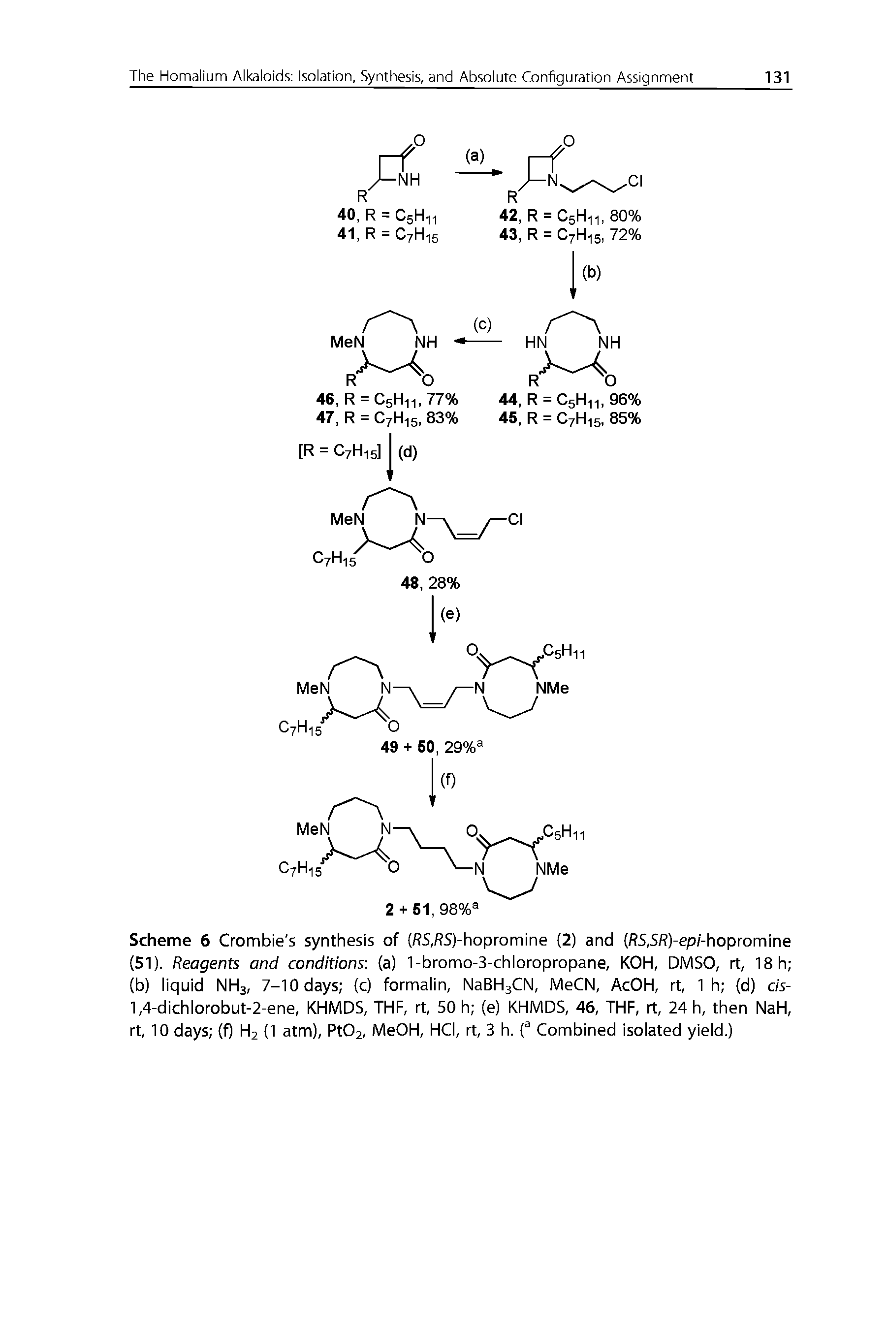 Scheme 6 Crombie s synthesis of (/ S,/ S)-hopromine (2) and / S,S/ )-ep/-hopromine (51). Reagents and conditions (a) 1-bromo-3-chloropropane, KOH, DMSO, rt, 18h (b) liquid NH3, 7-10 days (c) formalin, NaBHaCN, MeCN, AcOH, rt, 1 h (d) cis-1,4-dichlorobut-2-ene, KHMDS, THF, rt, 50 h (e) KHMDS, 46, THF, rt, 24 h, then NaH, rt, 10 days (f) H2 (1 atm), Pt02, MeOH, HCI, rt, 3 h. f Combined isolated yield.)...